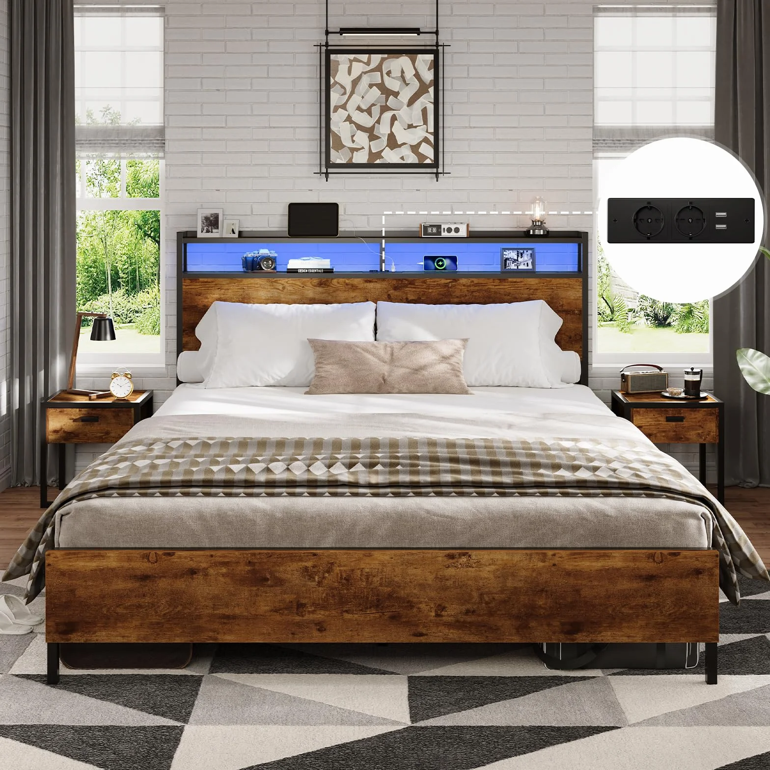 DICTAC Cama de 120 x 200 cm con iluminación LED, marco de cama con enchufe y función de carga USB, cama de metal de 120 x 200 cm con cabecero de madera, espacio de almacenamiento, estructura de cama