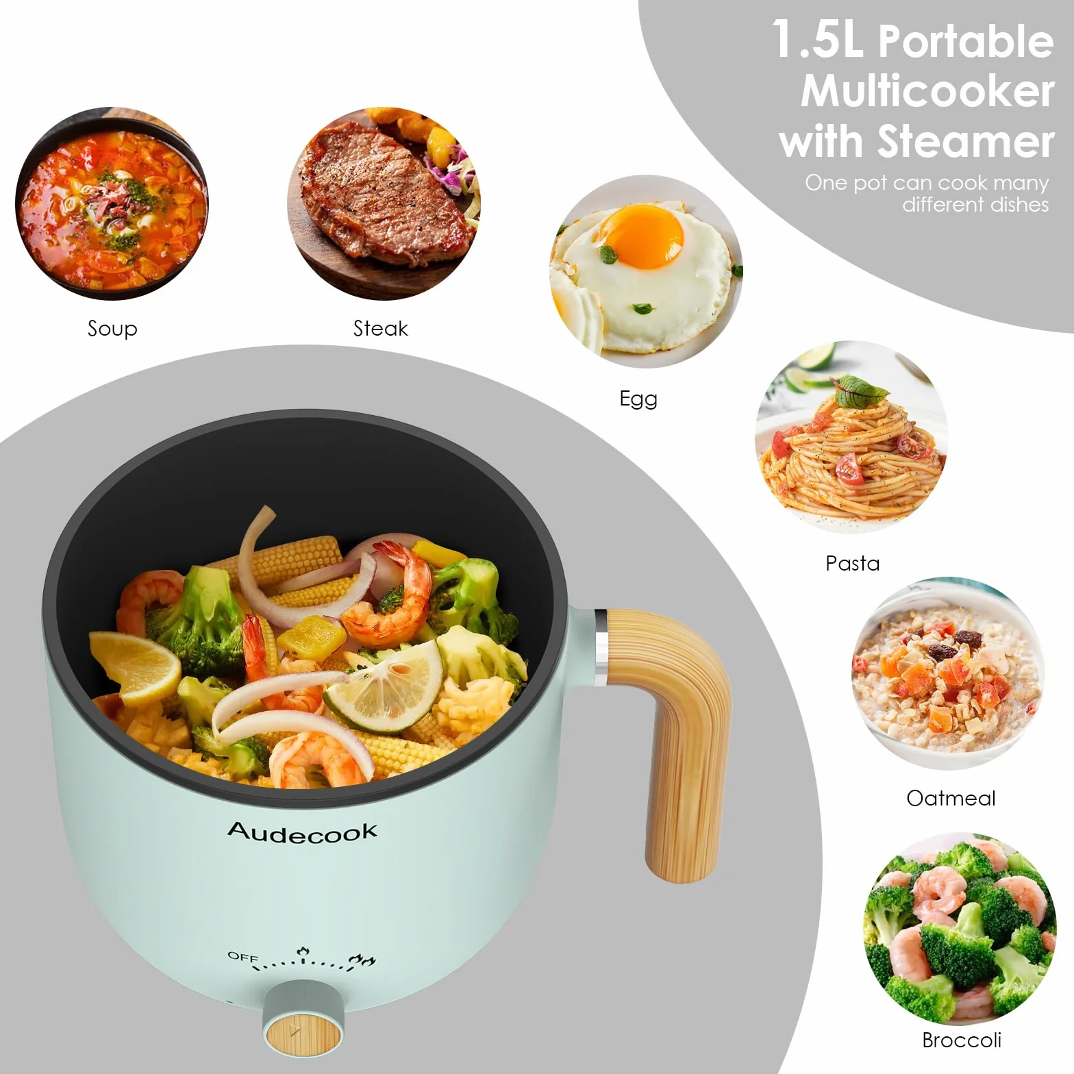Audecook Olla Eléctrica 1,5L Mini Olla Multifuncional Portátil con Vaporera y Doble Control de Potencia