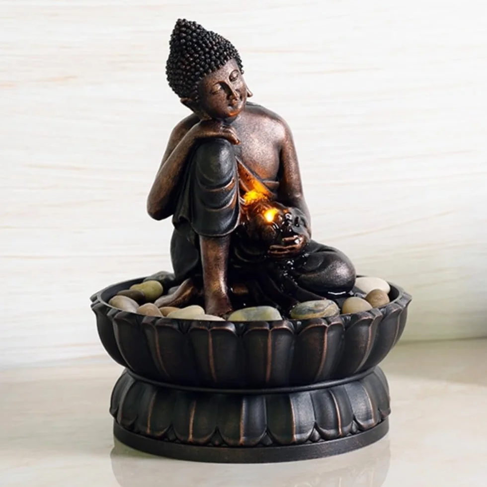 Fuente de Interior Fuente de Escritorio de Buda, Fuente pequeña, Adornos de Resina, decoración Sencilla for el hogar, meditación de Serenidad Zen Fuente Agua Decorativa