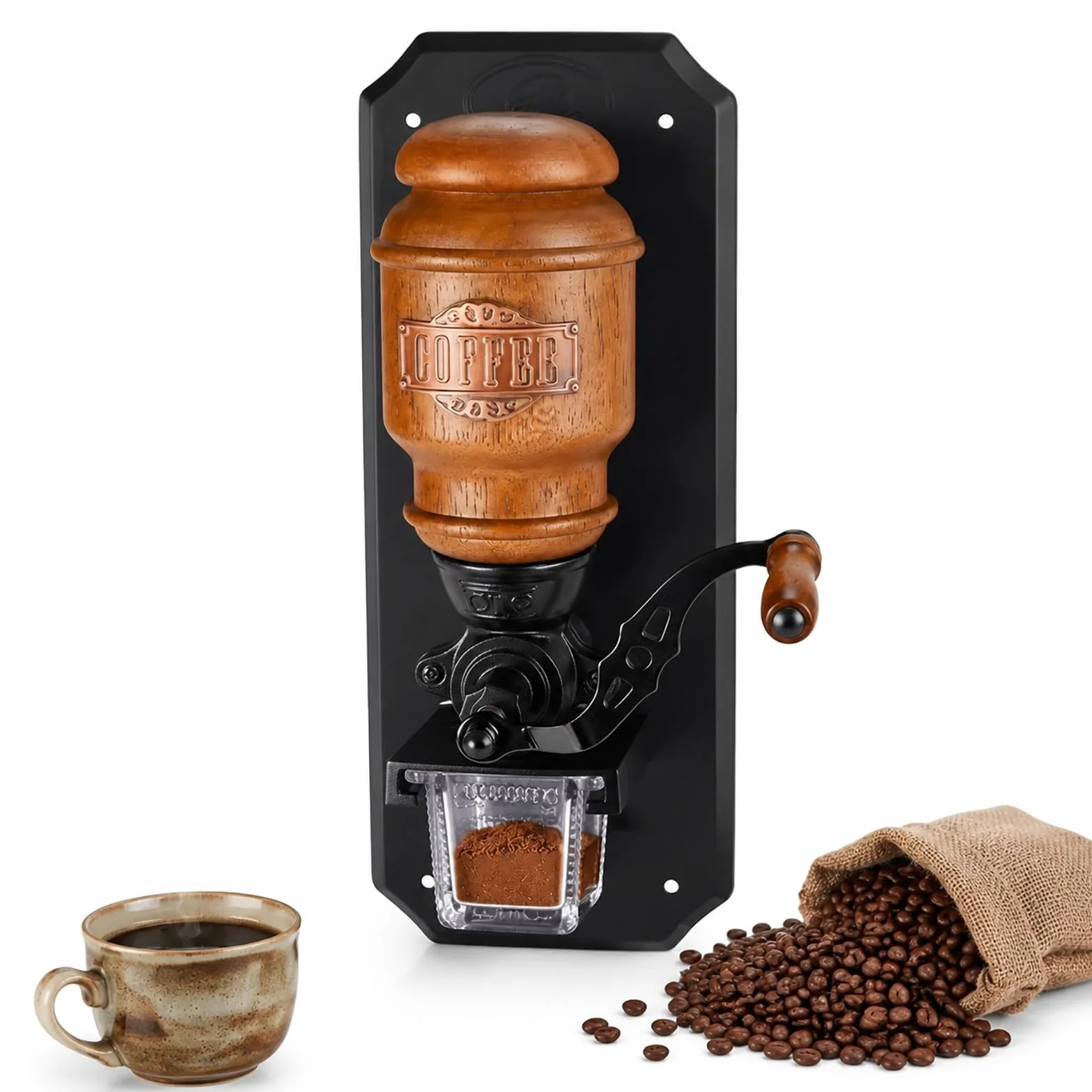 Molinillo de café manual de pared con mecanismo de muelas de hierro fundido | Molienda ajustable de gruesa a fina, ahorra espacio en la encimera; pieza de decoración vintage para cocina o cafetería