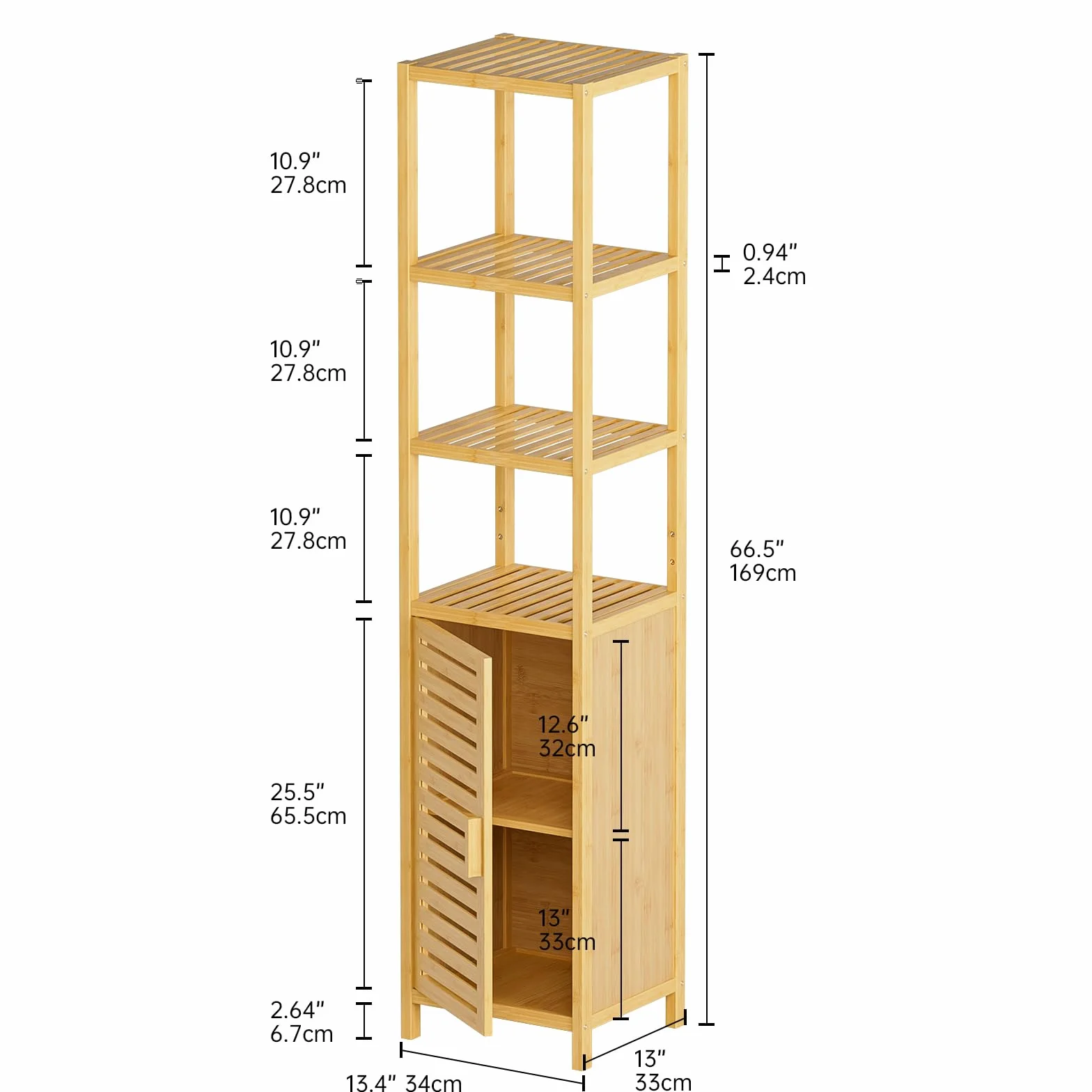HITNET Mueble Columna Baño Estrecho, Armario Alto Baño Bambu, Gabinete de Almacenamiento con Estantes Ajustables y Compartimentos Abiertos, para Espacios Pequeños, Natural