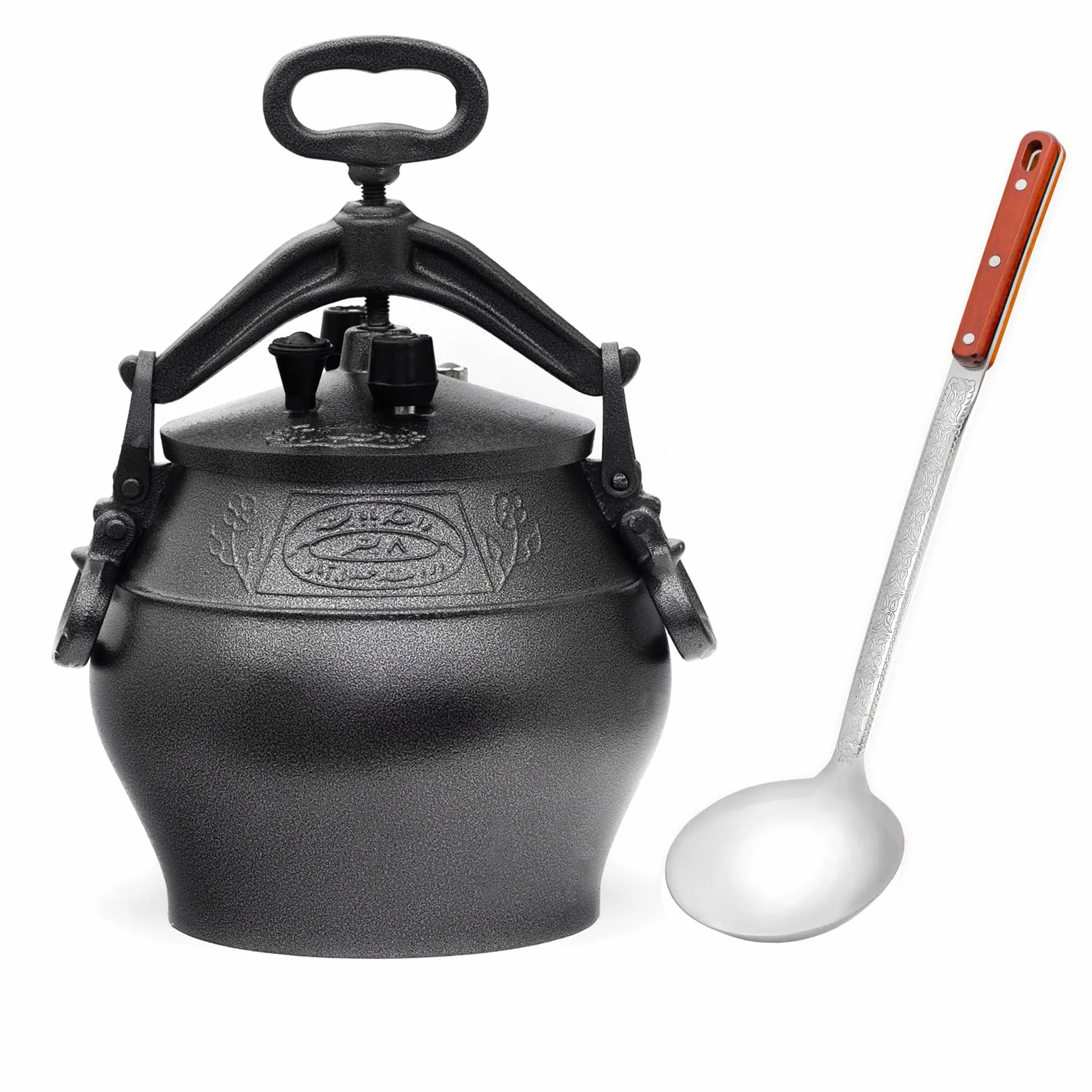 4BIG.fun Kazan Oriental 5 L (4,6 L) con cucharón de aluminio Kazan Olla para asar Asar Olla Asia para gulash, olla decorativa para carne, para camping
