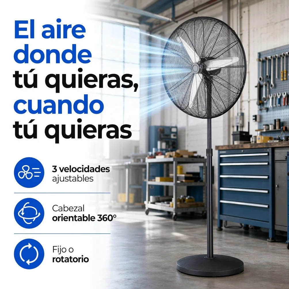 Ventilador de Pie Industrial 200W – 80 cm diametro, 3 Aspas Aluminio, 3 Velocidades, Oscilante y Orientable, Altura Regulable 200–235 cm, Base Pesada Antivuelco, Fijo y Rotatorio, Negro/Plata (200 W)