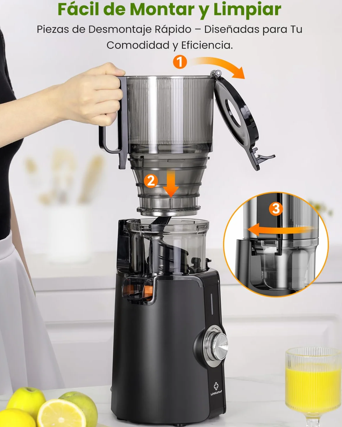 LINKChef Slow Juicer 200W Boca Ancha 115mm Prensado en Frío Sin BPA Negro