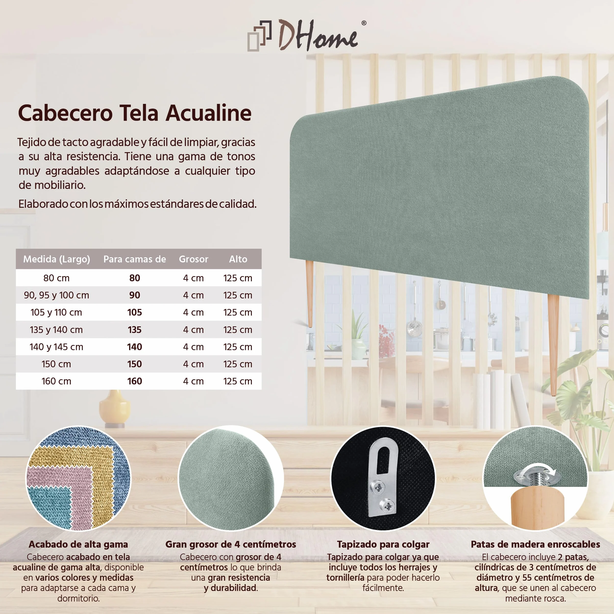 DHOME Cabecero Tapizado Liso Curvo Tela Aqualine 70cm Altura con Patas para Pared Acústicos Cabeceros Absorbentes Cabezal Cama Dormitorio (Verde Agua, 160cm)