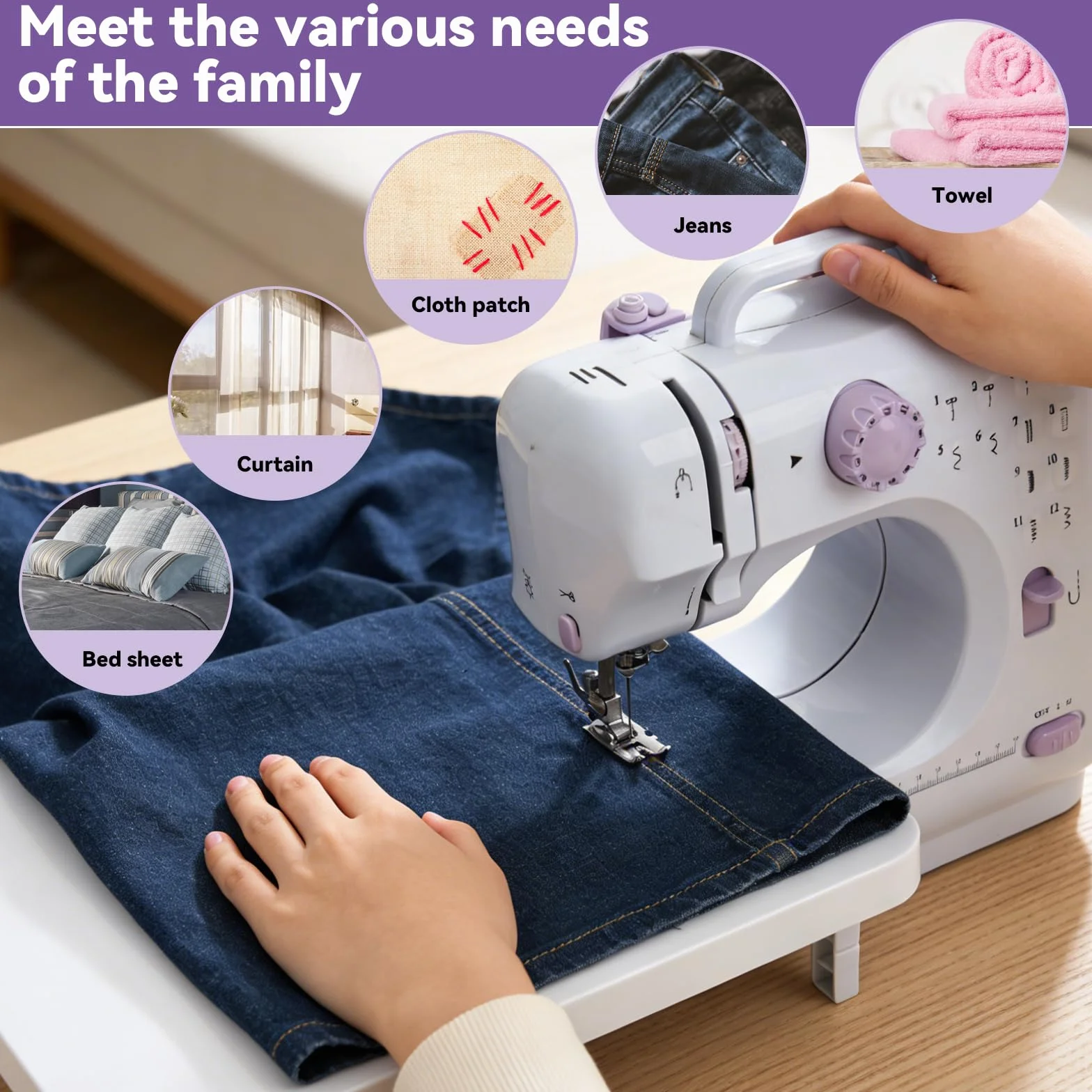 Máquina de coser eléctrica púrpura con mesa de extensión, juego de 11 prensatelas y kit de costura de 97 piezas, pedal de 2 velocidades, ideal para principiantes, adultos, niños, uso doméstico