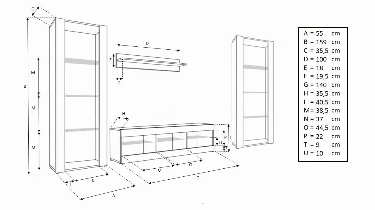 Komodee, Juego de Muebles Tivoli Grande, Negro Wotan, Ancho 290 cm x Alto 159 cm x Fondo 35 cm, LED Azul, para Sala, Dormitorio