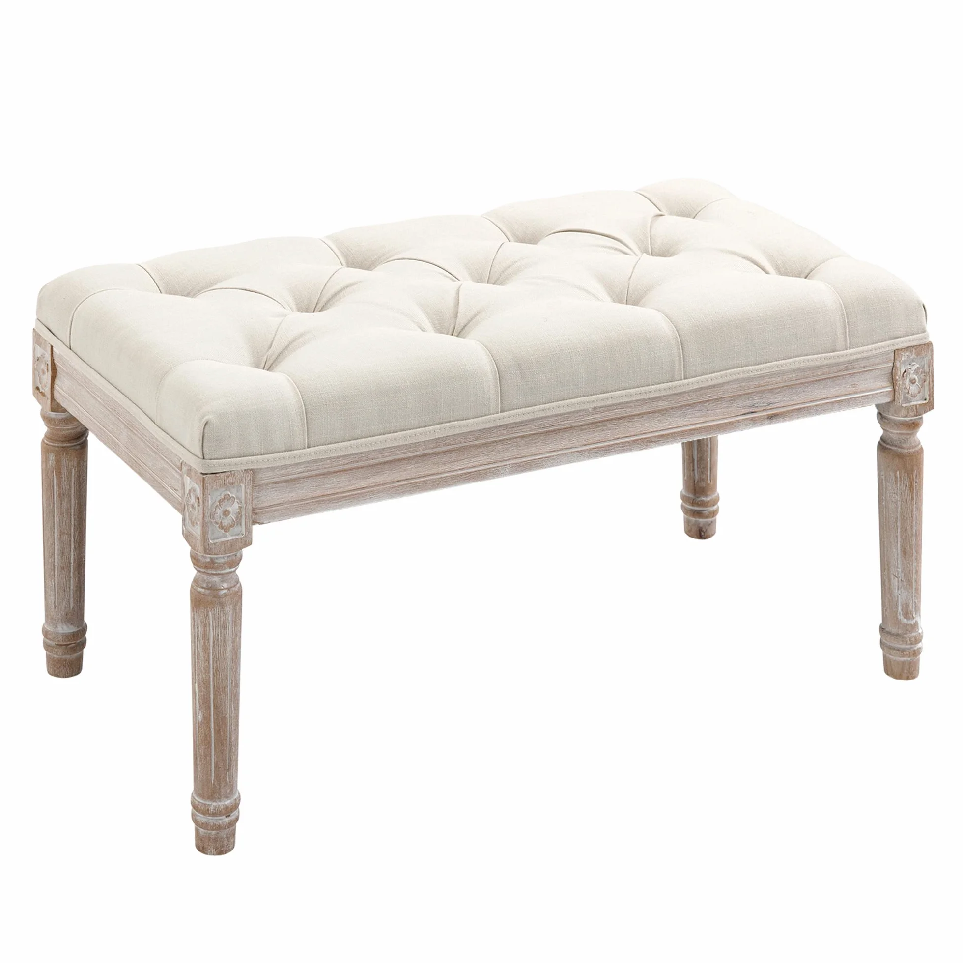 HOMCOM Banco Pie de Cama, Taburete Pie de Cama Tapizado en Lino Sintético con Patas de Madera y Asiento Acolchado, Estilo Vintage, Banco para Dormitorio, Entrada, Pasillo, Beige