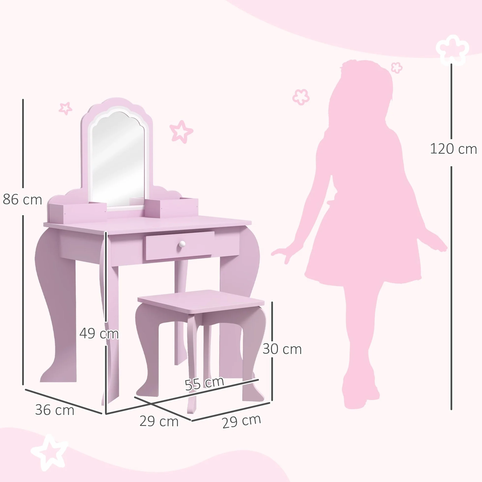 ZONEKIZ Tocador Infantil Mesa de Maquillaje con Taburete y Espejo para Niñas +3 Años Rosa
