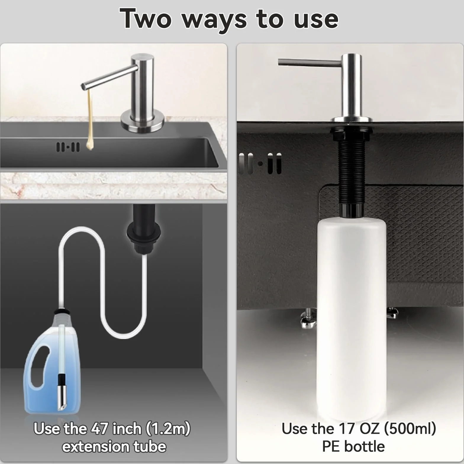 Dispensador de jabón de Cocina Dispensador de jabón sólido Acero Inoxidable 304 for Fregadero Cocina con Botella 17 onzas y Kit Tubo extensión 47 Pulgadas para Fregadero