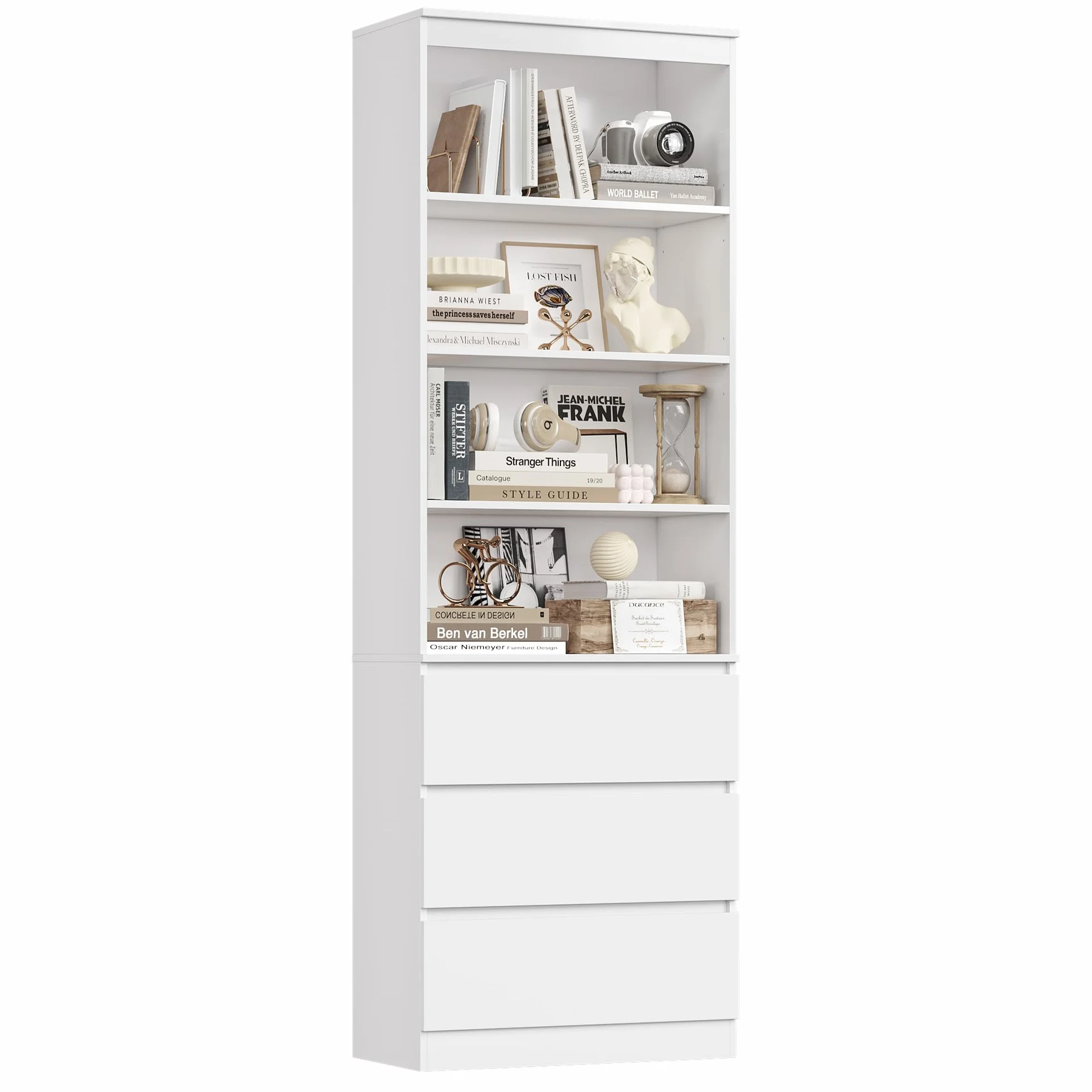 FirFurd 202cm Estantería con 3 Cajones, Estantería Libros, Librería, Estante, Mueble Almacenaje, para Oficina, Salón, Estudio, Comedor, Alta, 4 Compartimentos, Estantes Ajustables, Blanco, 60x35x202cm
