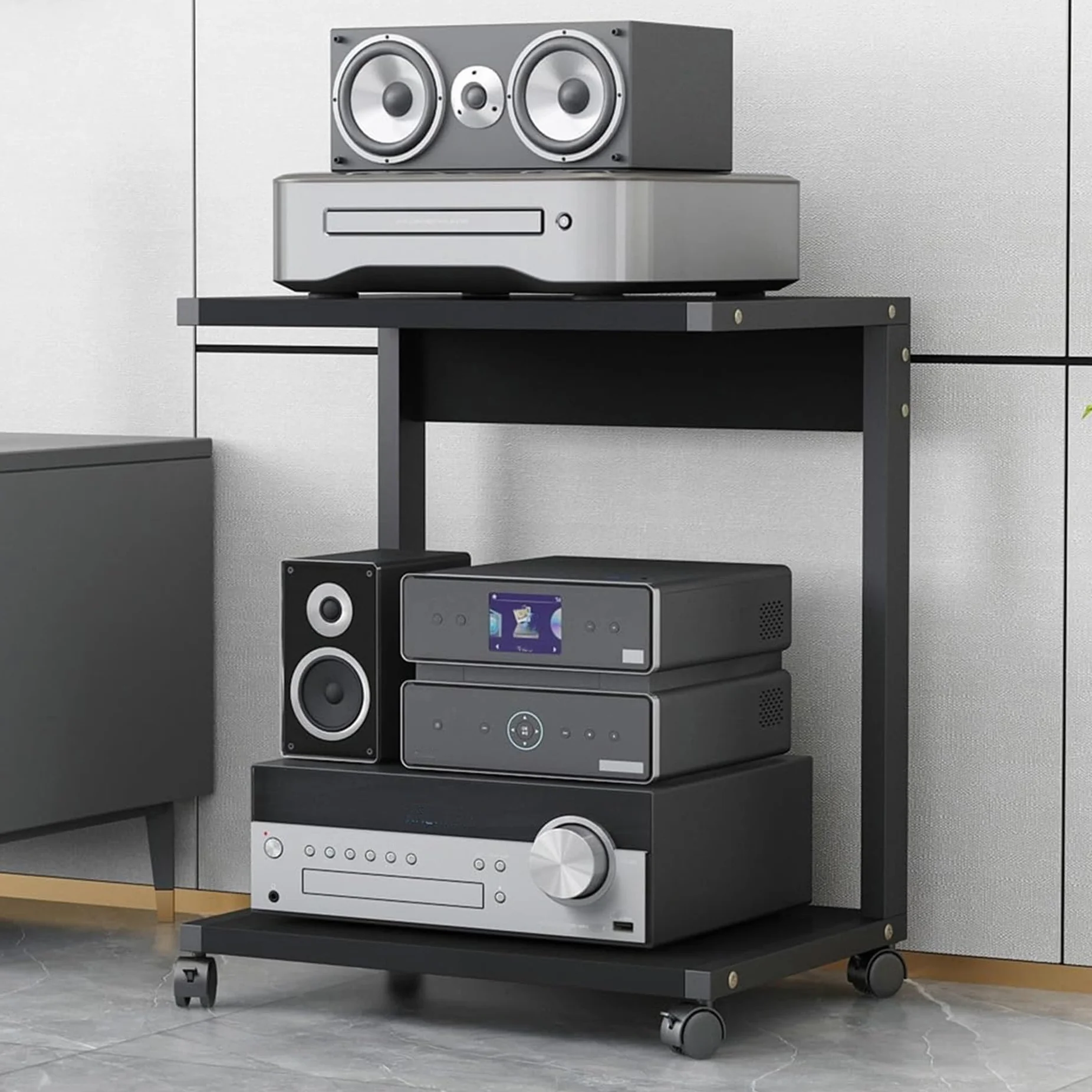 Mueble Equipo HiFi,Soporte Altavoz,Mueble Tocadiscos,Mesa Auxiliar con Ruedas,Mueble Soporte Impresora Móvil de Madera,Mueble TV de 2 Niveles,para Hogar Oficina Escuela(Nero,50x40x65cm)