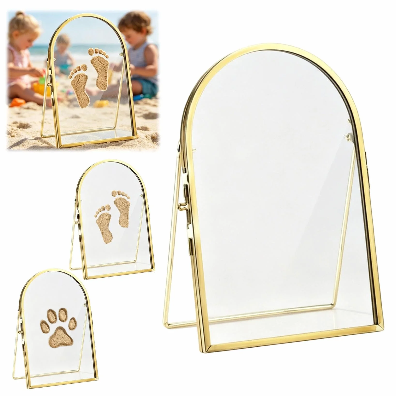 Marco de recuerdo para huellas de manos de bebés y mascotas, pantalla de vidrio de doble cara, soporte de mesa de metal, regalo creativo para recuerdos familiares