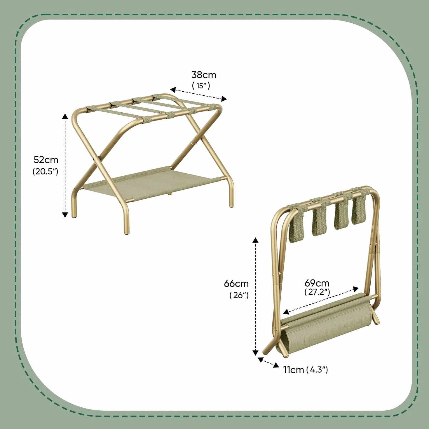 Smart FENDEE - Portaequipajes para habitación de invitados, soporte plano plegable con estante de tela, soporte de equipaje portátil de acero, recámara, hotel, fácil montaje, soporta hasta 100 libras,