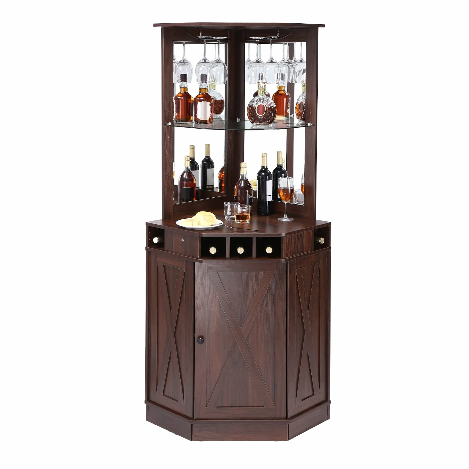 VEVOR Mueble de bar esquinero industrial, muebles de bar para licores y copas, aparador con soportes de vidrio, estante de exhibición de vino de madera independiente grande para sala de estar, hogar