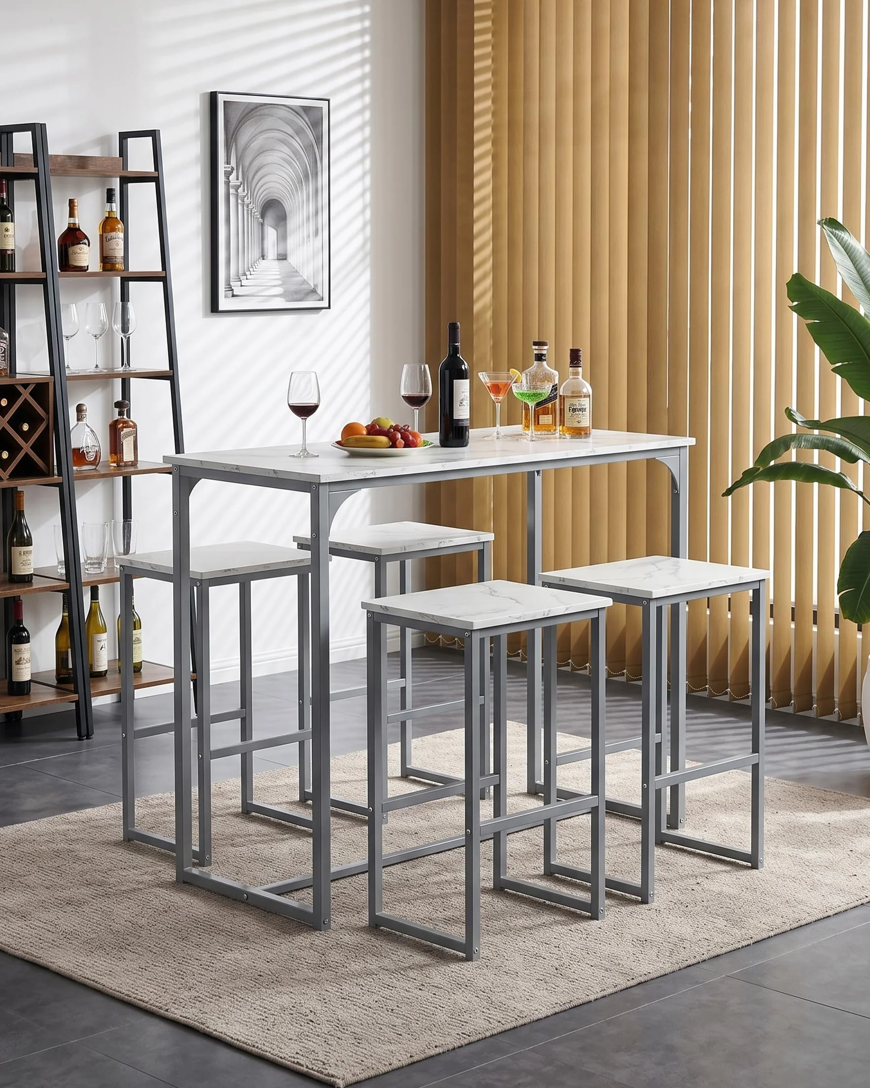 Mesa Alta Cocina con Taburetes, Mesa Cocina Pequeña con Sillas multifuncionales de diseño Moderno, Mueble Bar Salon líneas de mármol Blanco