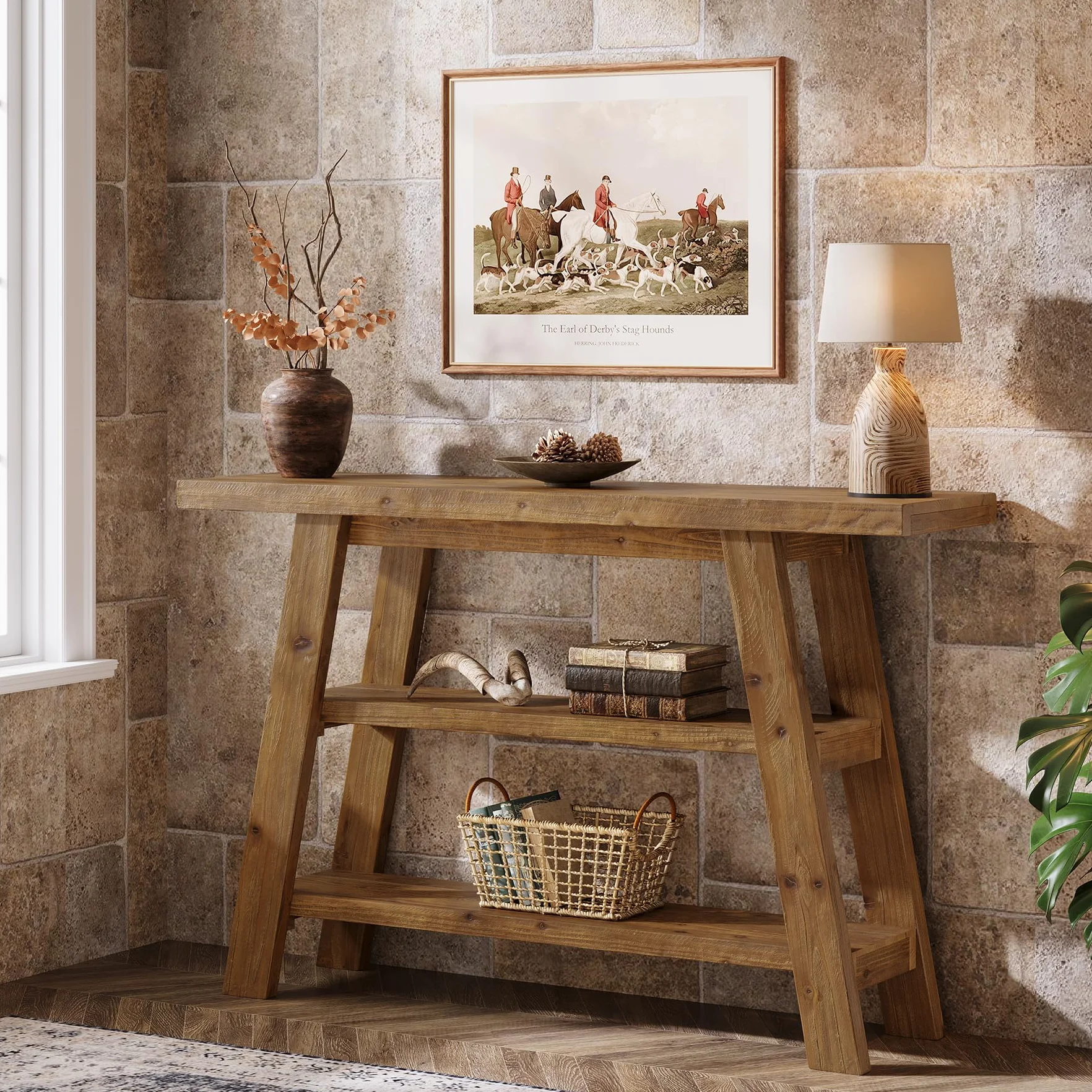 Mesa Consola de Madera Maciza de 120 cm, Mesa de Entrada con estantes de 3 Niveles, rectangulares detrás del sofá, mesas de Acento estrechas para Pasillo, Entrada, vestíbulo, salón (Marrón)