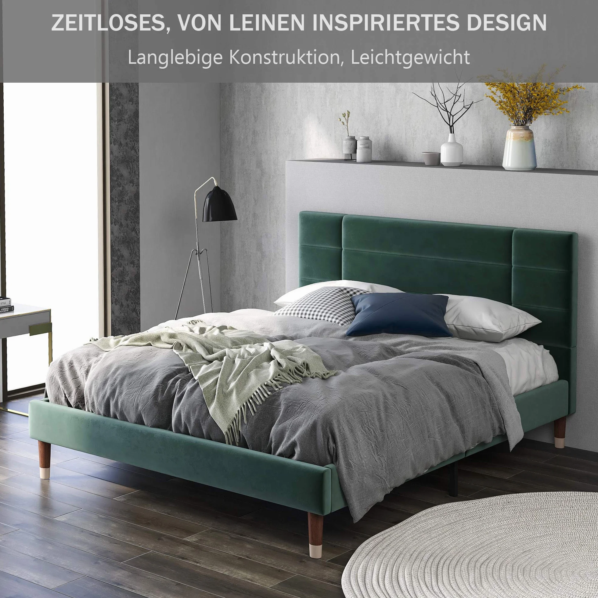 ModernLuxe Cama doble tapizada con cajón y somier, 140 x 200 cm, estructura acolchada con cabecero en terciopelo verde oscuro para adultos y jóvenes (colchón no incluido) (verde oscuro)