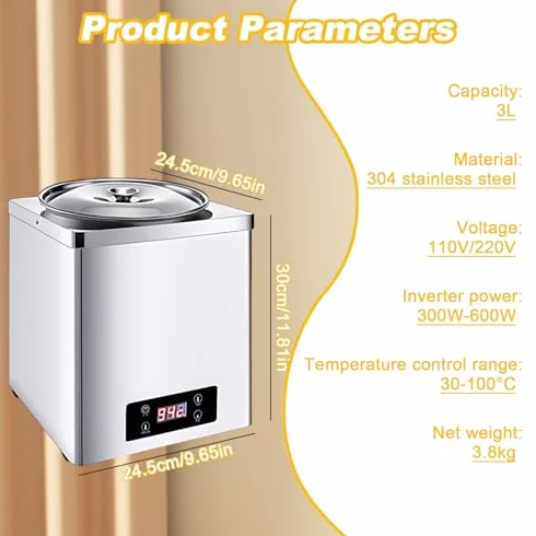 Calentador de Perlas Comercial Olla Aislante Tapioca 300-600 W Control Temperatura 30-100 °C Panel Táctil 3L