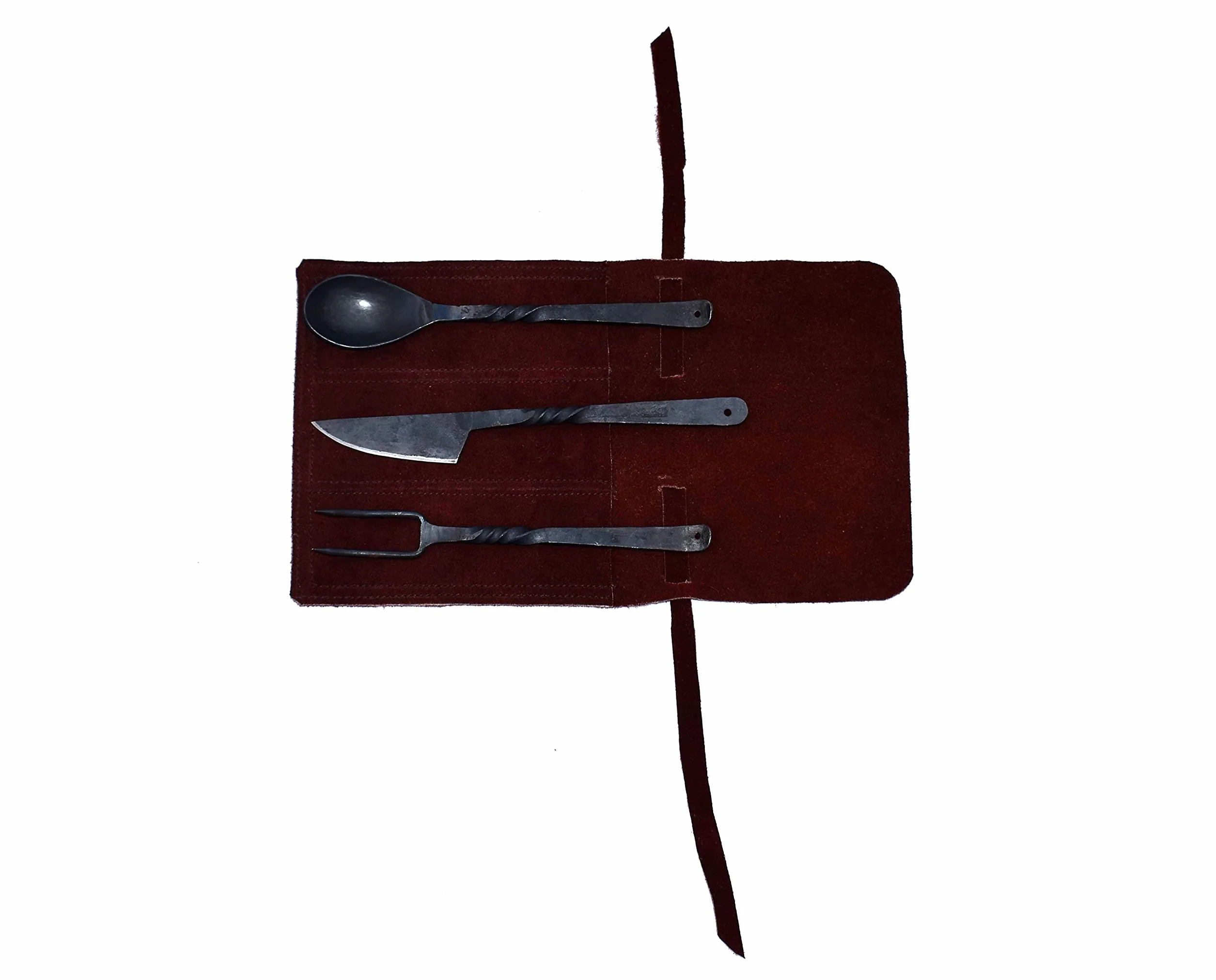 Viking Traders Juego de 3 utensilios medievales forjados a mano para comer, banquete, tenedor, cuchillo y cuchara, con bolsa de piel auténtica para un fácil transporte.