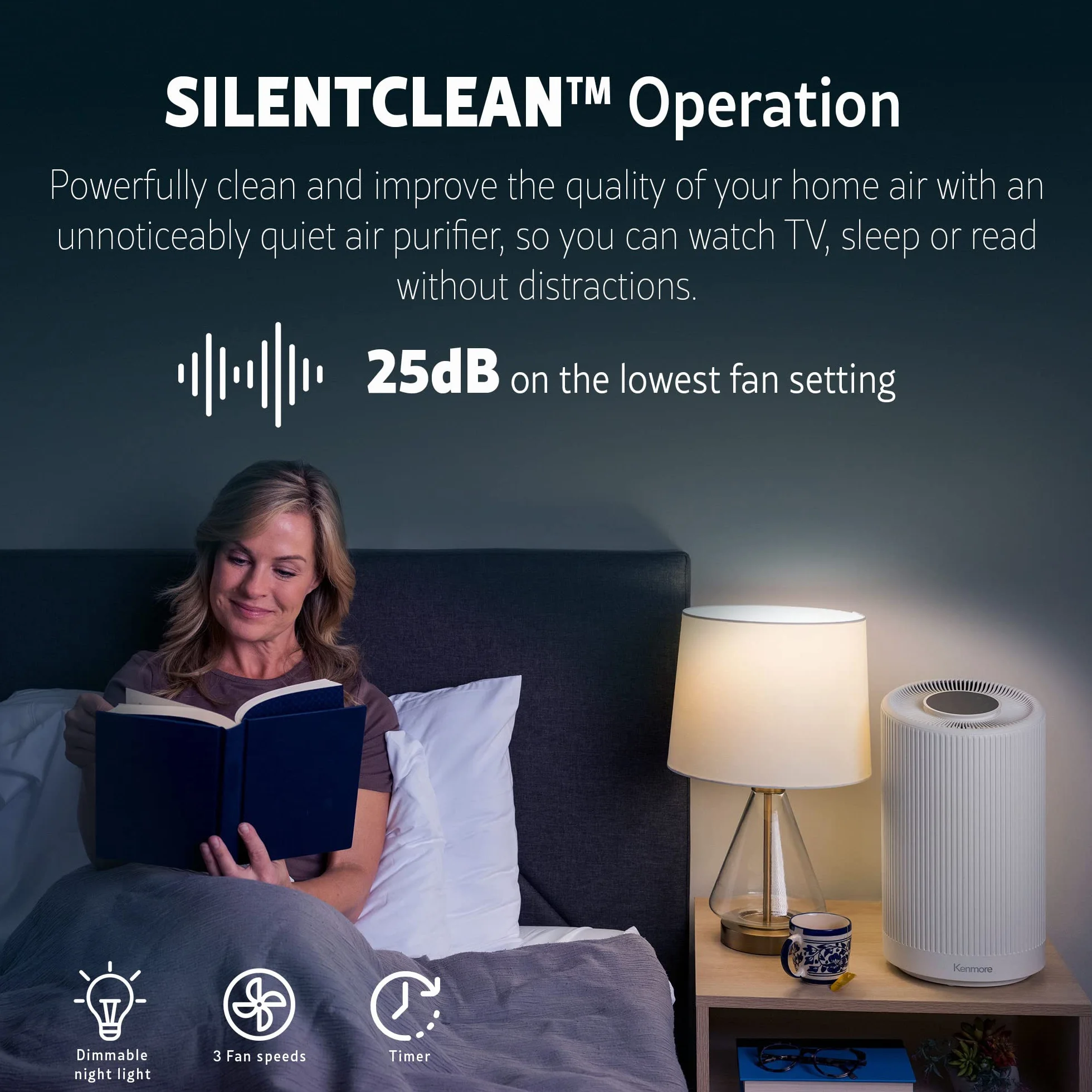 Kenmore Purificador de aire PM1005 con filtro HEPA H13, cubre hasta 850 pies cuadrados, sistema de filtración HEPA SilentClean de 3 etapas de 25 dB para oficina y dormitorio | SilentClean - Sistema de filtración HEPA de 3 etapas de 25 dB para oficina y do