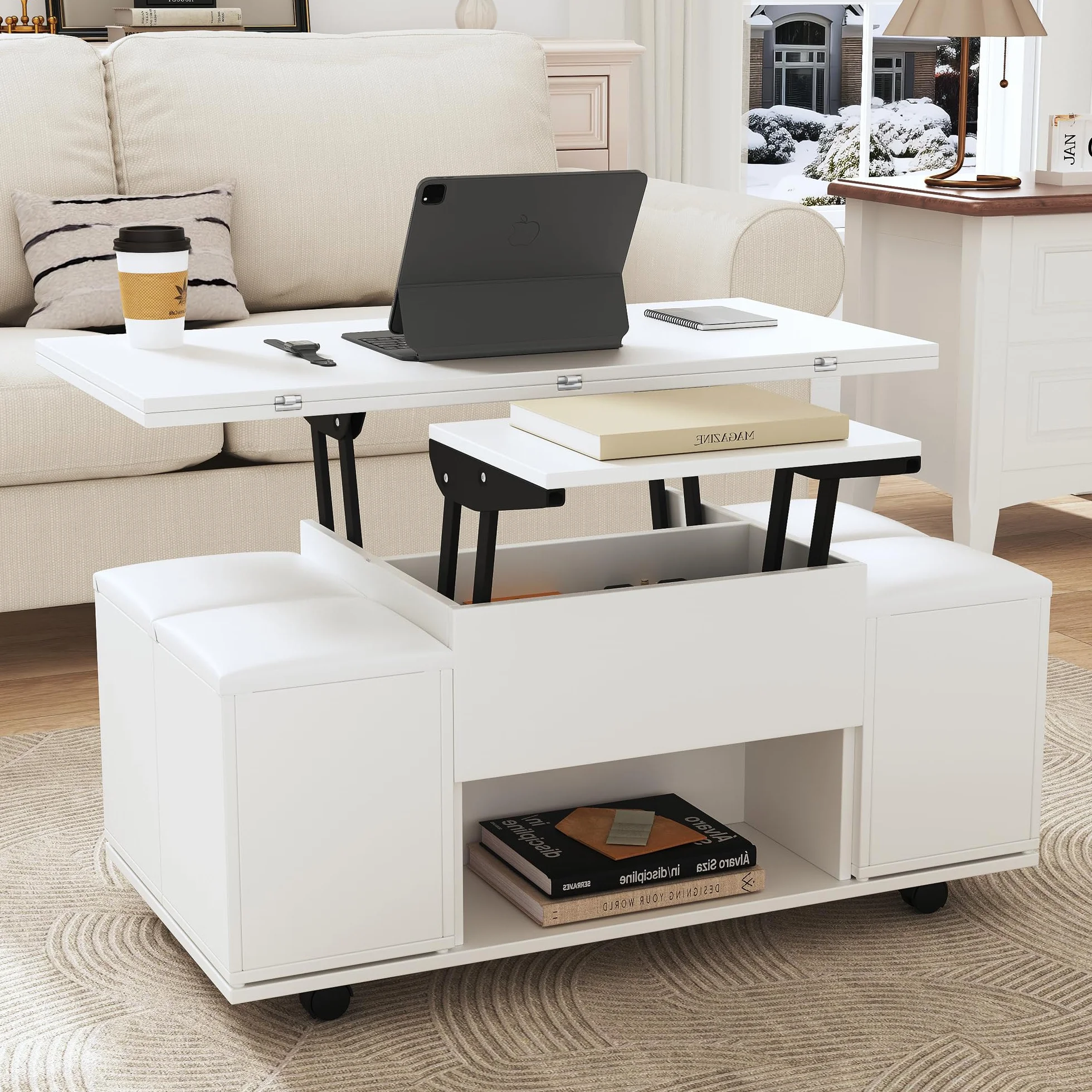 Mesa de centro multifuncional elevable: el escritorio puede abrir 2 mesas, color blanco, gran capacidad, muebles modernos de salón, oficina, mesa de comedor, 100 x 100 x 63,5 (largo x ancho x alto)