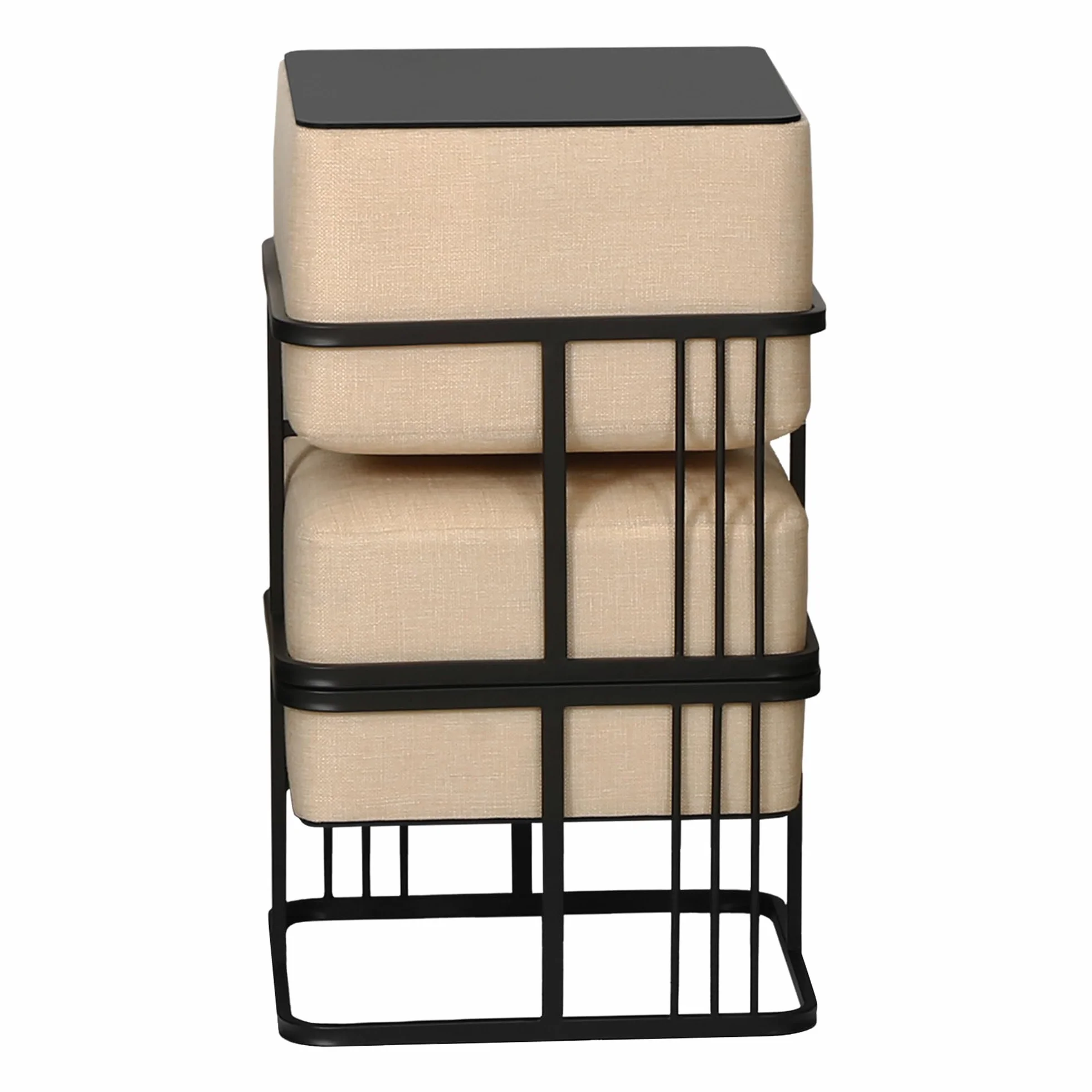 [en.casa] Puff Tas Juego de 2 Taburetes Apilables Reversibles Reposapiés Silla Tocador Diseño 2 en 1 Asiento Acolchado Tablero de Mesa Cuadrado MDF Metal 38x38x38 cm Beige