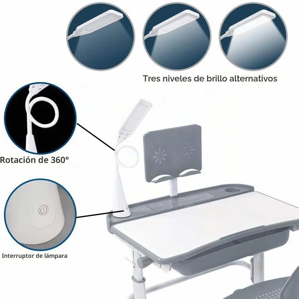 Yinleader Kids Juego de escritorio y silla ajustable con lámpara protección visual, soporte libros, escritorio basculante para escribir leer dibujar gris