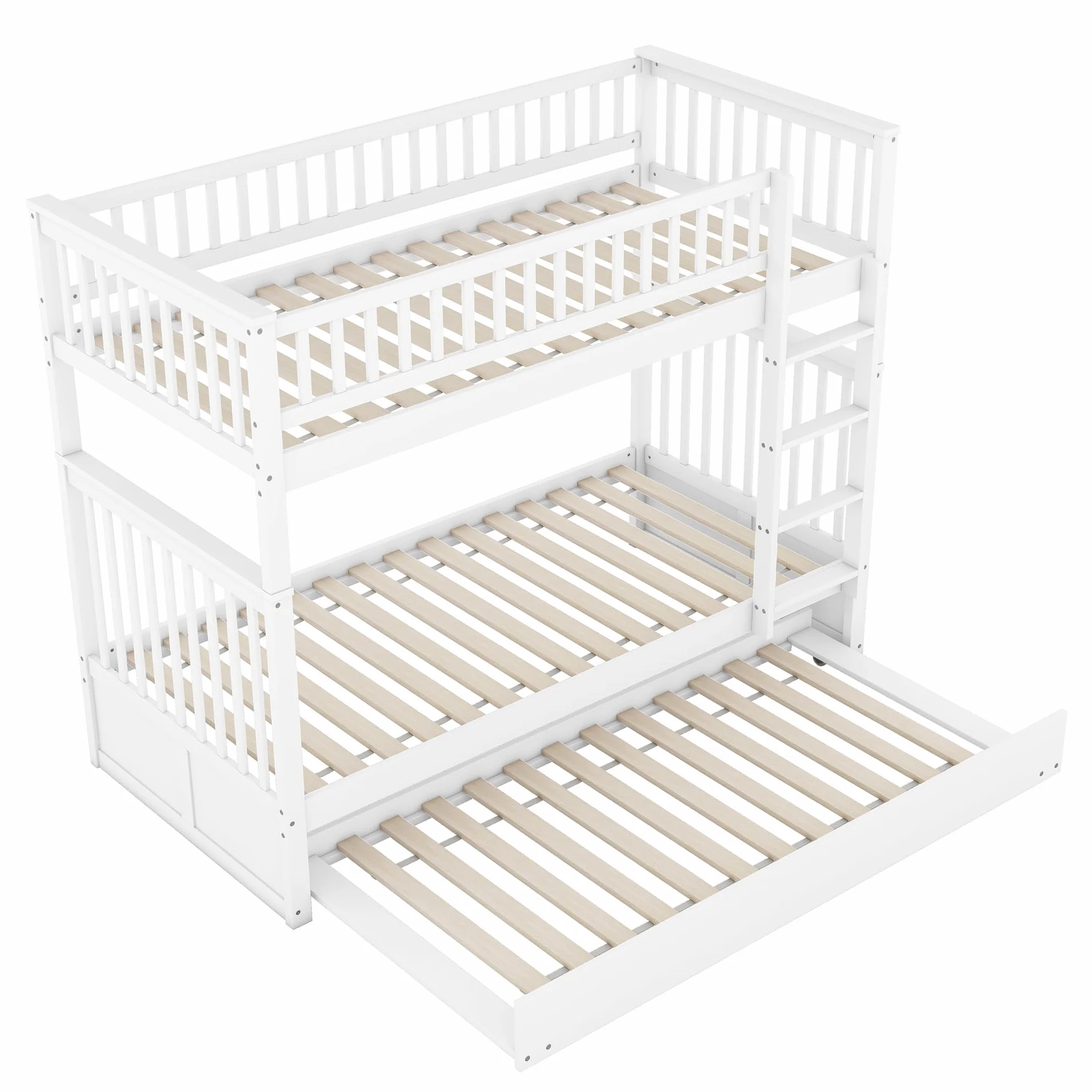 Moimhear Literas de 90 x 200 cm, camas infantiles, literas triples con cama nido, barandilla alta, escalera estable (blanco)