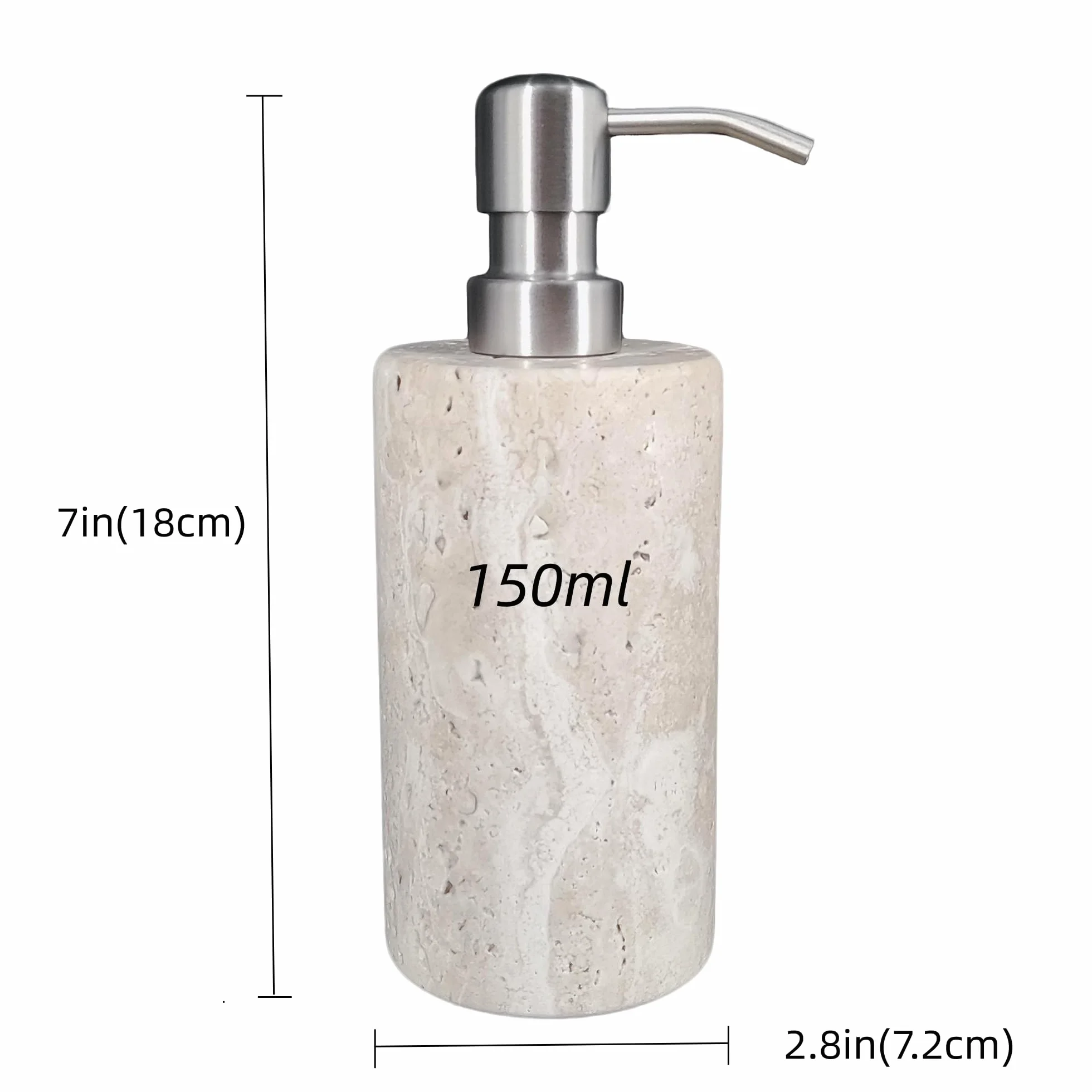 Dispensador de jabón de mármol travertino natural con bomba de acero inoxidable, botellas de jabón líquido de loción de mármol para cocina y baño