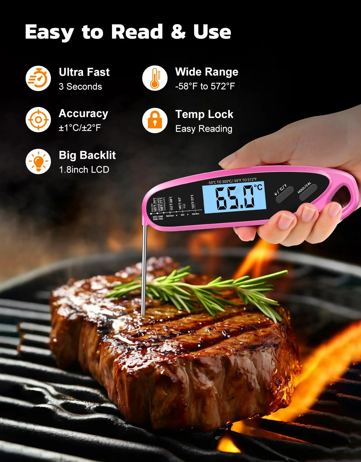 Termómetro digital de carne de lectura instantánea para cocinar y asar con doble sonda, pantalla retroiluminada grande y calibración automática, termómetro de alimentos para parrilla, ahumador