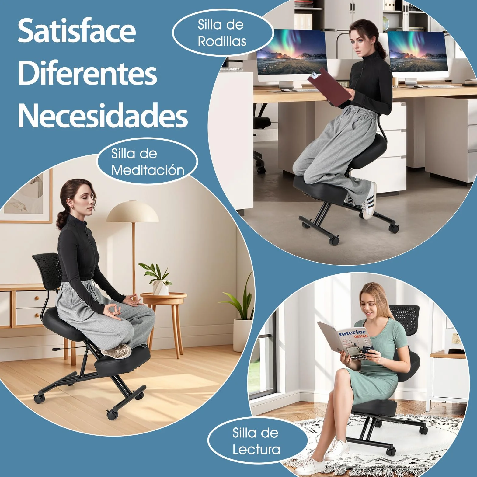 COSTWAY Silla Ergonómica Rodillas con Respaldo, Ajustable en Altura, Taburete Corrector de Postura con Asiento Inclinado, Silla Oficina con Ruedas Universales Bloqueables, 64,5-84,5 x 46 x 87-103 cm