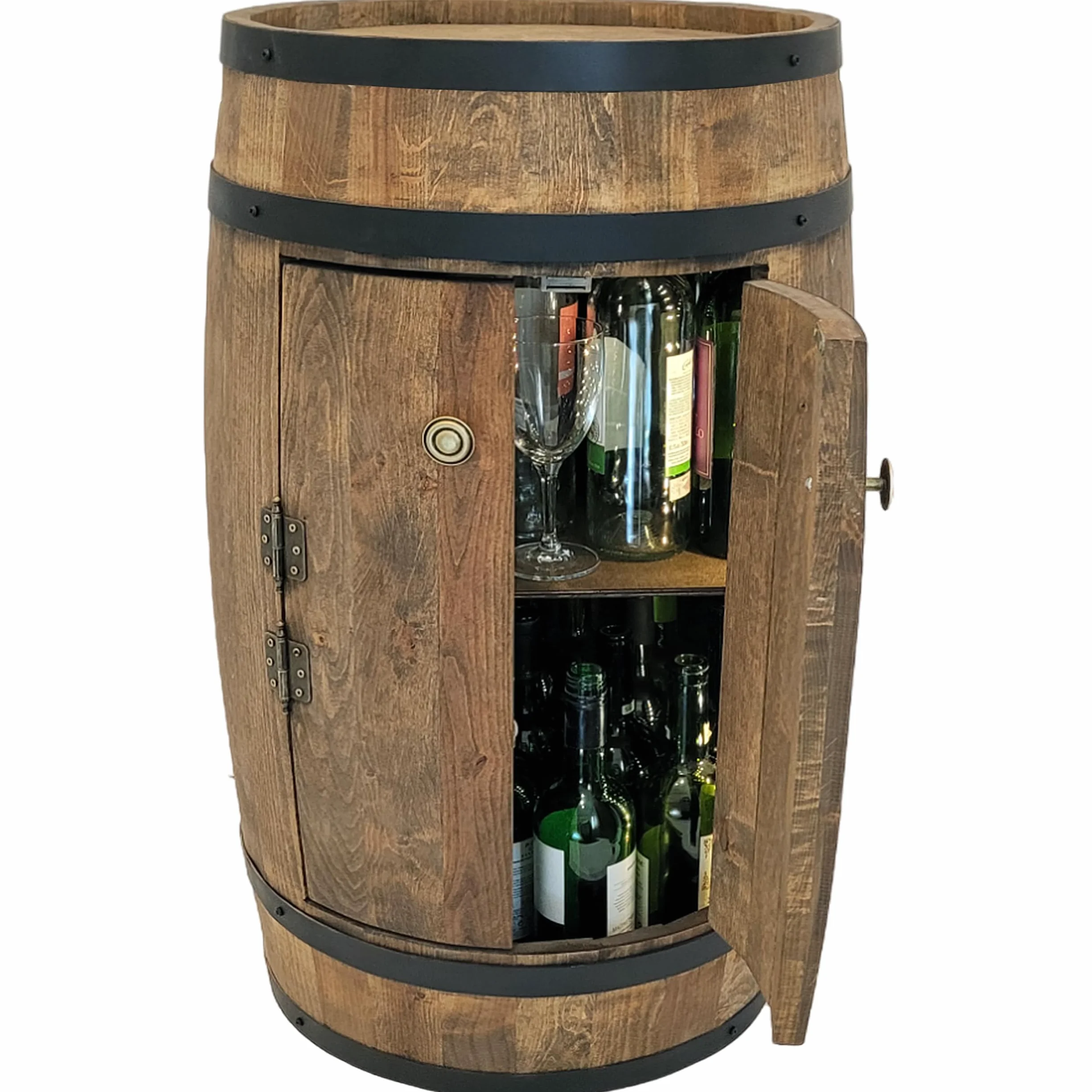Barril de madera con 2 puertas e iluminación LED, barril de vino de 80 x 50 cm – Armario de bar hecho a mano Botellero Bar Casa Bar Vintage Bar Pared Estantería Madera Whisky Vino Cerveza – Mesa de