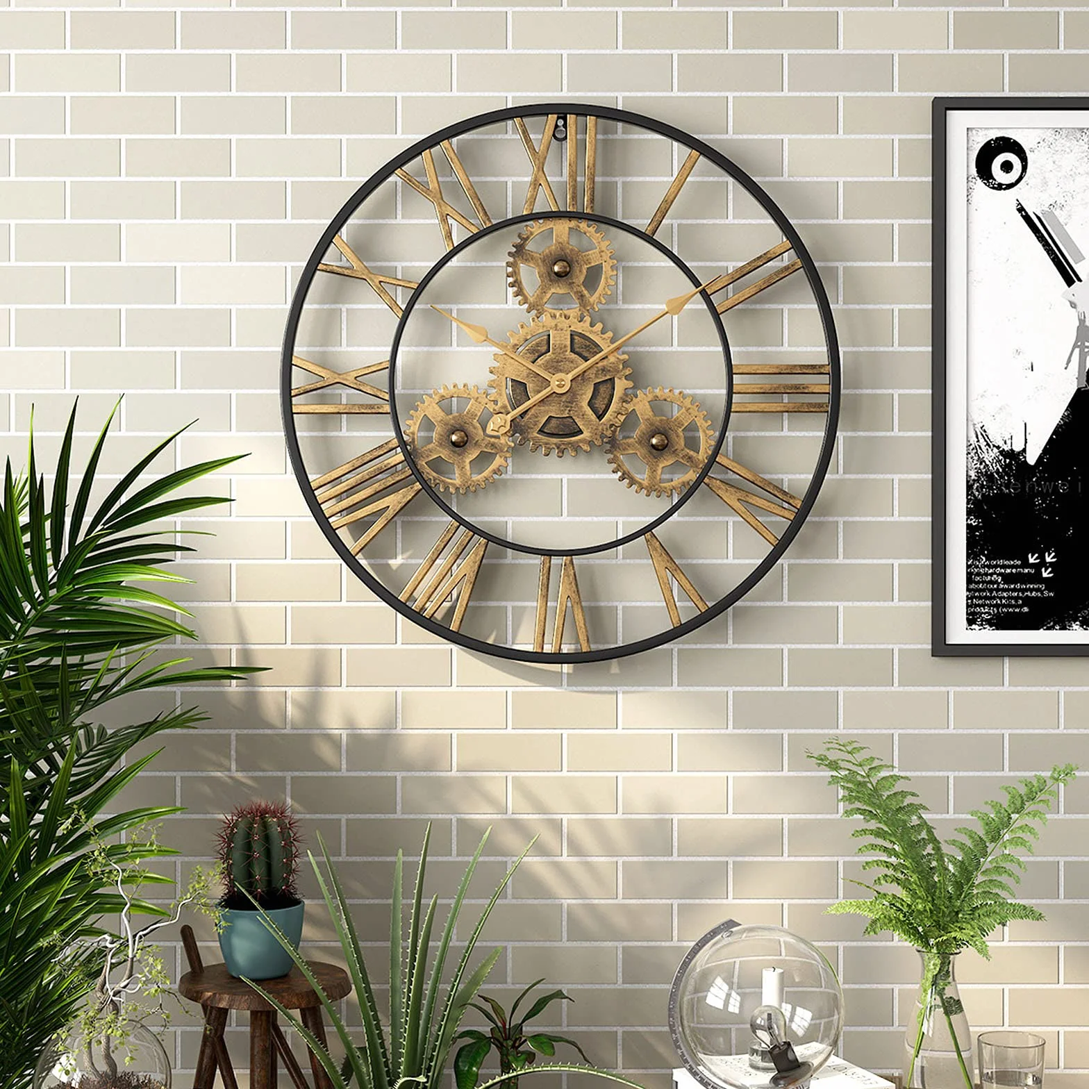 Reloj de pared industrial vintage grande, engranajes móviles reales, decoración de hierro forjado de estilo europeo, reloj de engranaje rústico de gran tamaño para sala de estar o estudio