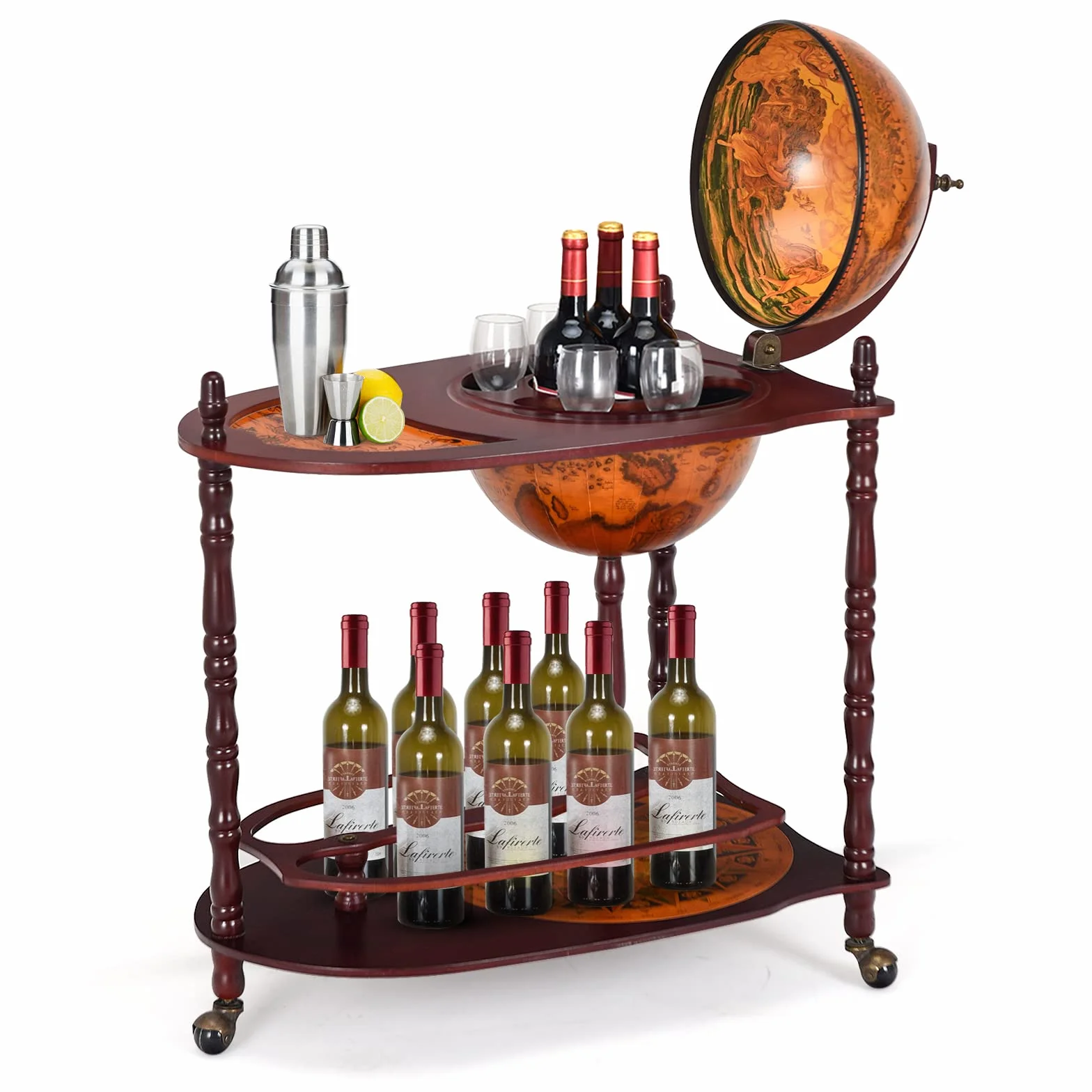 KOMFOTTEU Botellero Bar Globo Terráqueo con Ruedas, Soporte para Botellas de 2 Niveles, Carrito de Bar de Madera, Mueble Minibar para Bebidas, para Restaurante, Fiesta (Marrón, 70 x 45 x 88 cm)