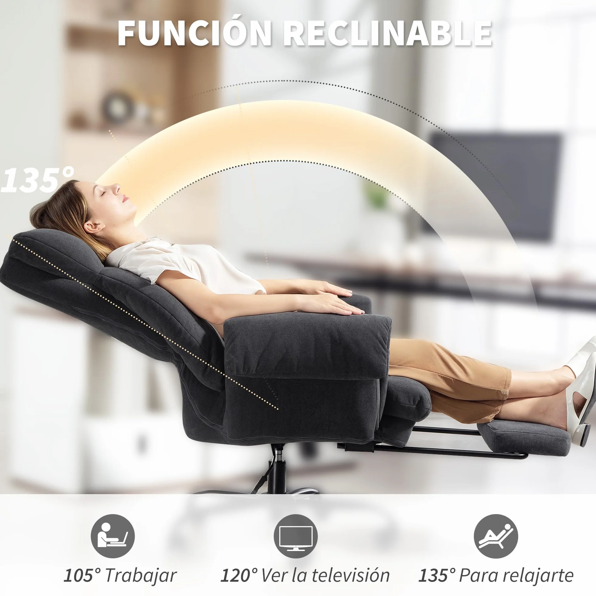 HOMCOM Silla de Escritorio con Reposapiés, Silla de Oficina Giratoria, con Respaldo Reclinable y Alto, Asiento y Reposabrazos Anchos, Acolchado Grueso, Tapizada en Terciopelo, Altura Ajustable, Gris
