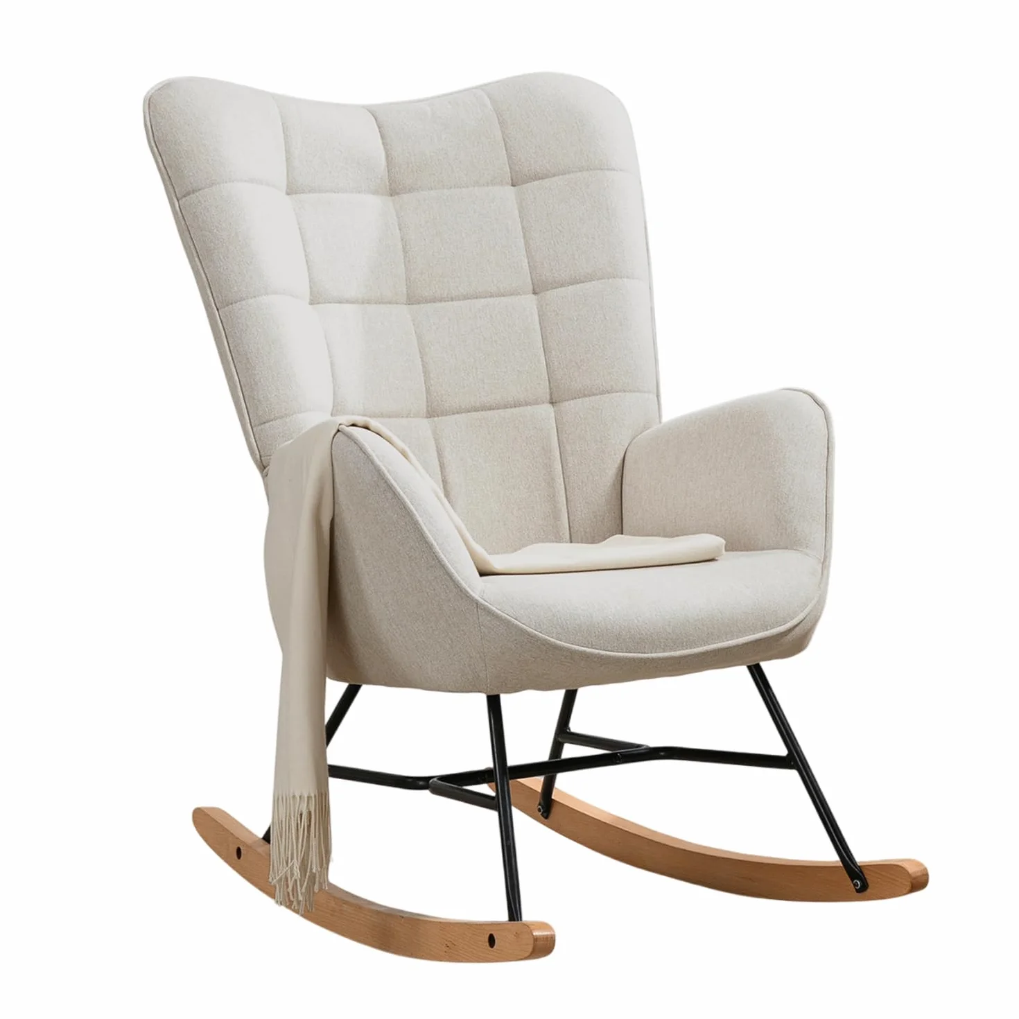 MEUBLE Cosy Sillas Mecedora Escandinavo Sillón Relax Especial Lactancia para Salón Dormitorio Balcón Sala de Estudio, Tela, Madera Haya, Metal, Beige