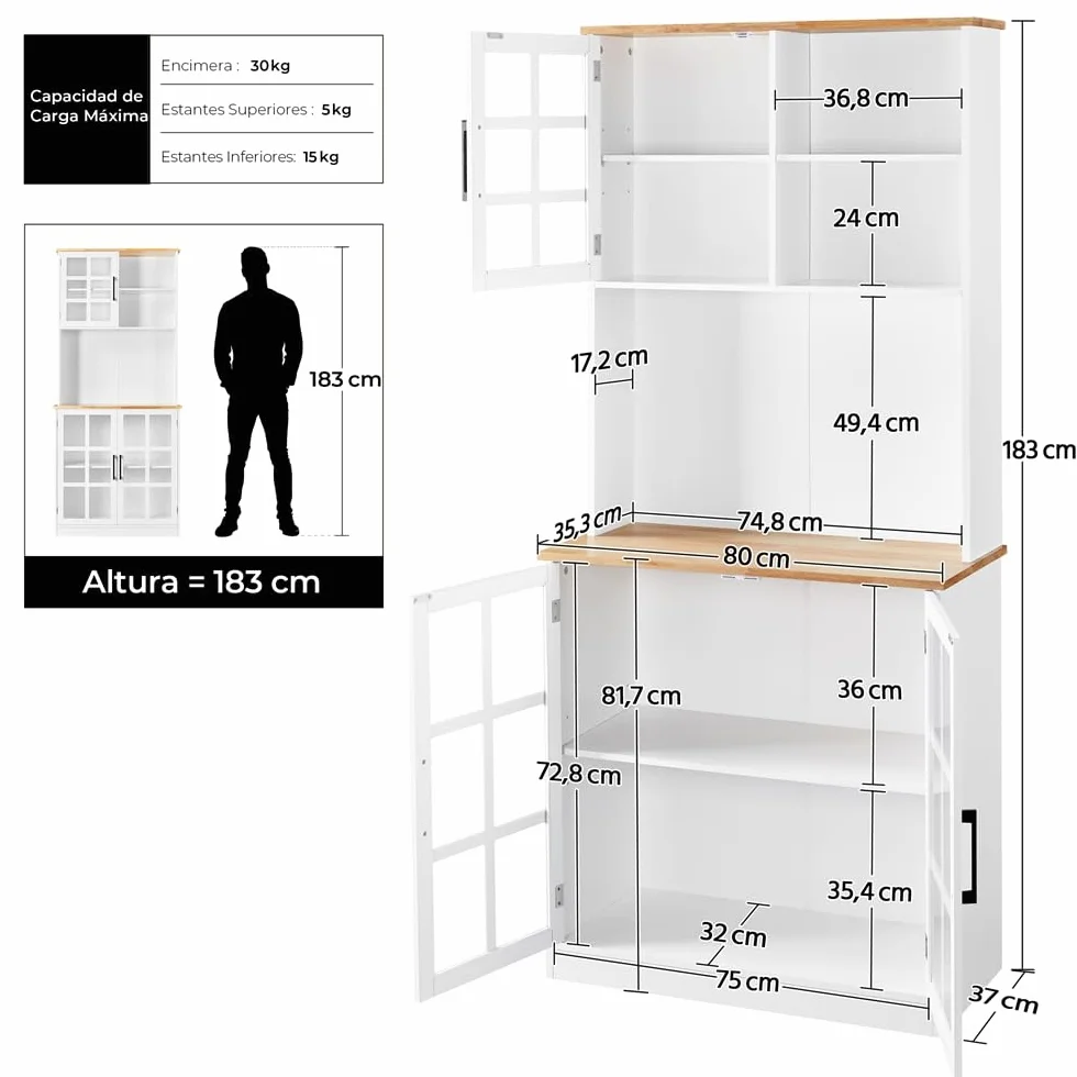 Yaheetech Alacena de Cocina Mueble Buffet Armario con Puertas de Vidrio, Estantes Ajustables 80 x 37 x 183 cm