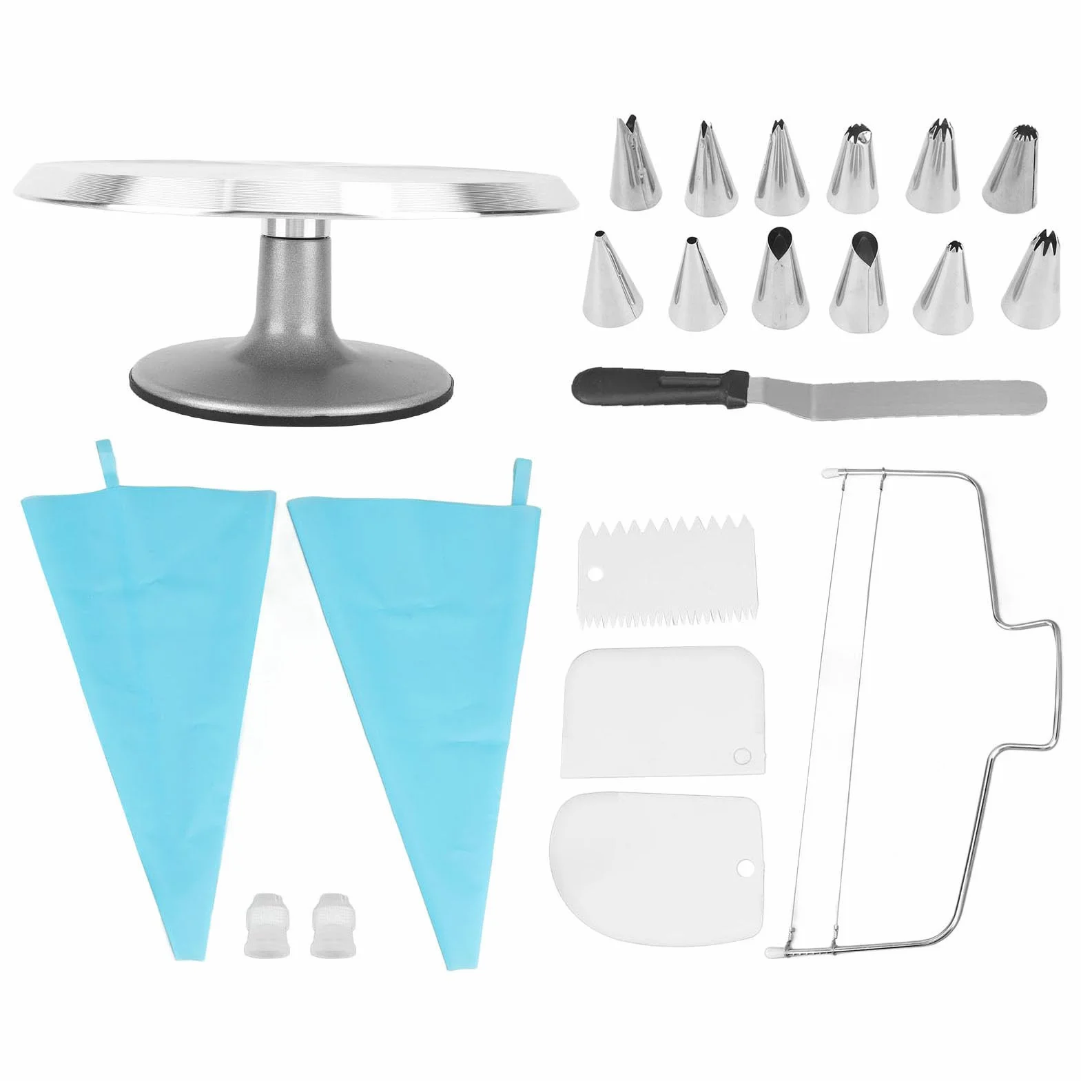 AMONIDA Kit de Decoración de Pasteles de 22 Piezas con Plato Giratorio de Aleación de Aluminio de 12 Pulgadas Ideal para Panaderos Profesionales y Domésticos Incluye Herramientas Esenciales para