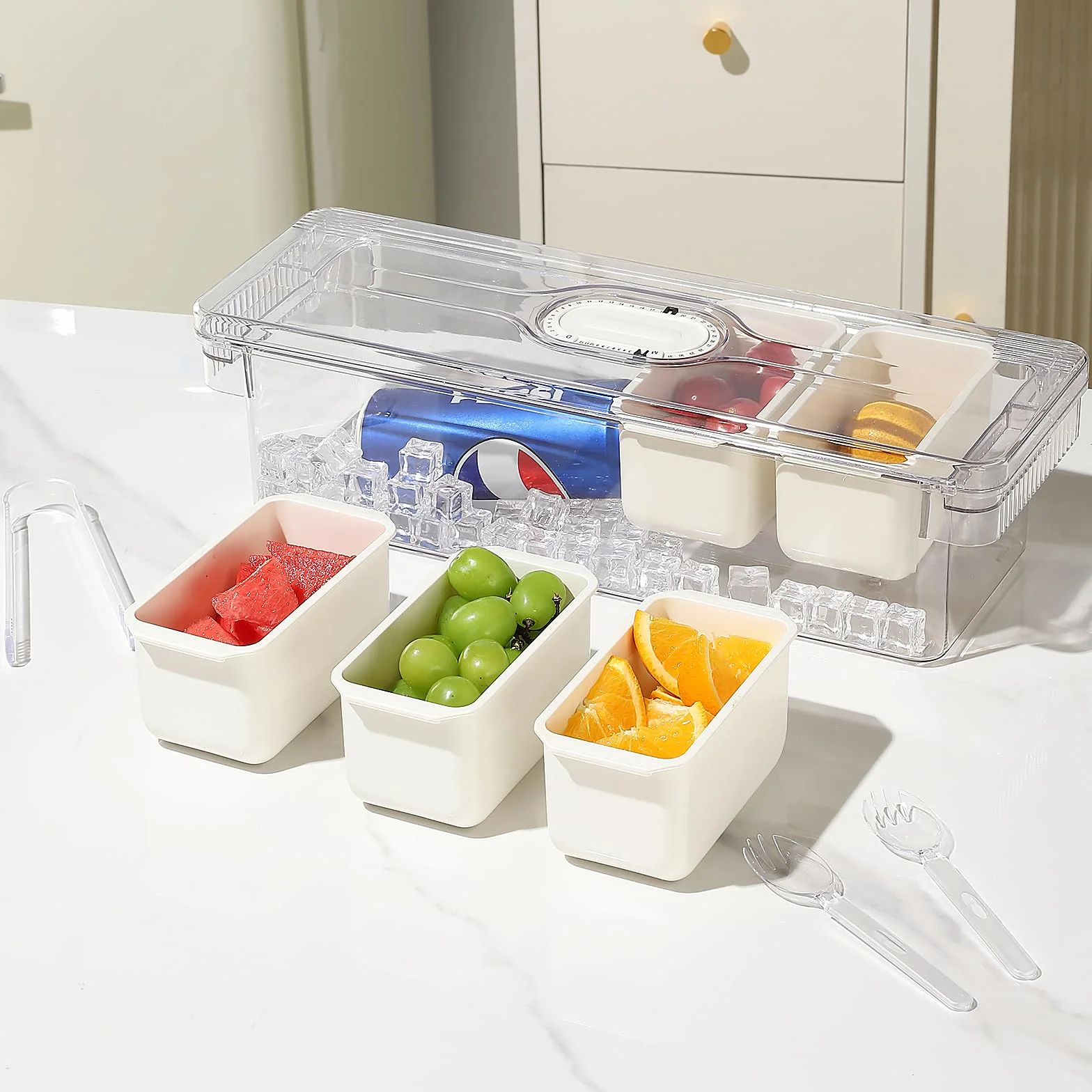 Fangoo Condimentos Refrigerados Organizador con Tapa con 5 Compartimentos 5 tenedores y 2 clips extraíbles en Hielo Bandeja Condimentos Refrigerada Viene para bar de ensalada Buffetes de pizza