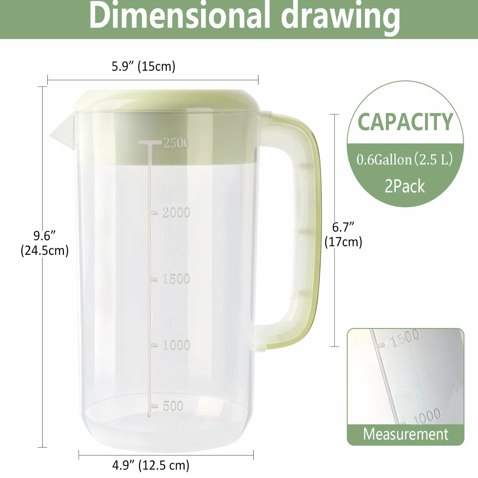 Jarra de plástico transparente de 2,5 litros con tapa, paquete de 2 jarras de agua transparente para bebidas frías, jarra de té helado para limonada, té helado, leche, jugo, bebidas