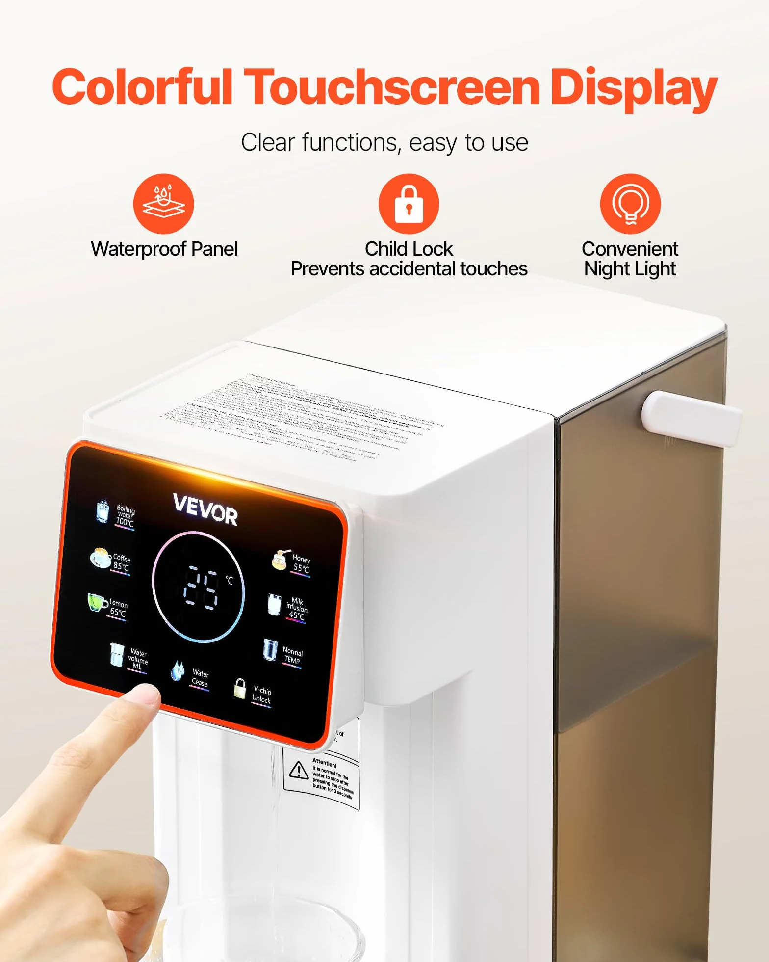 VEVOR Dispensador de Agua Caliente Instantáneo de Encimera con 6 Temperaturas Ajustables y 8 Volúmenes de Agua, Tanque Extraíble de 3 L, Calentamiento Rápido con Pantalla Táctil y Bloqueo, Blanco