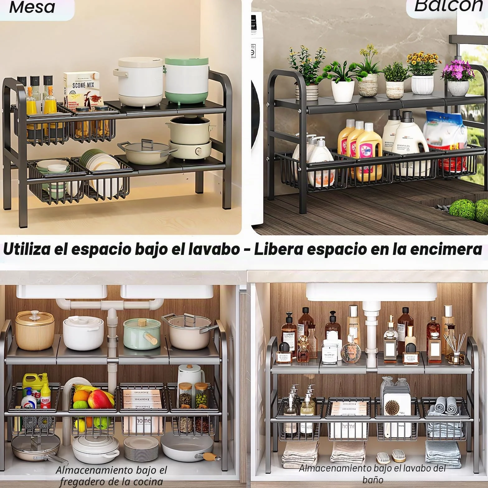 ViWaVee Organizador Cocina Bajo Fregadero Extensible 53-93cm para Armario | Altura Ajustable 5cm + 4 Cestas y Placas | Multiusos Baño Balcón | Almacenaje Productos Limpieza Ollas