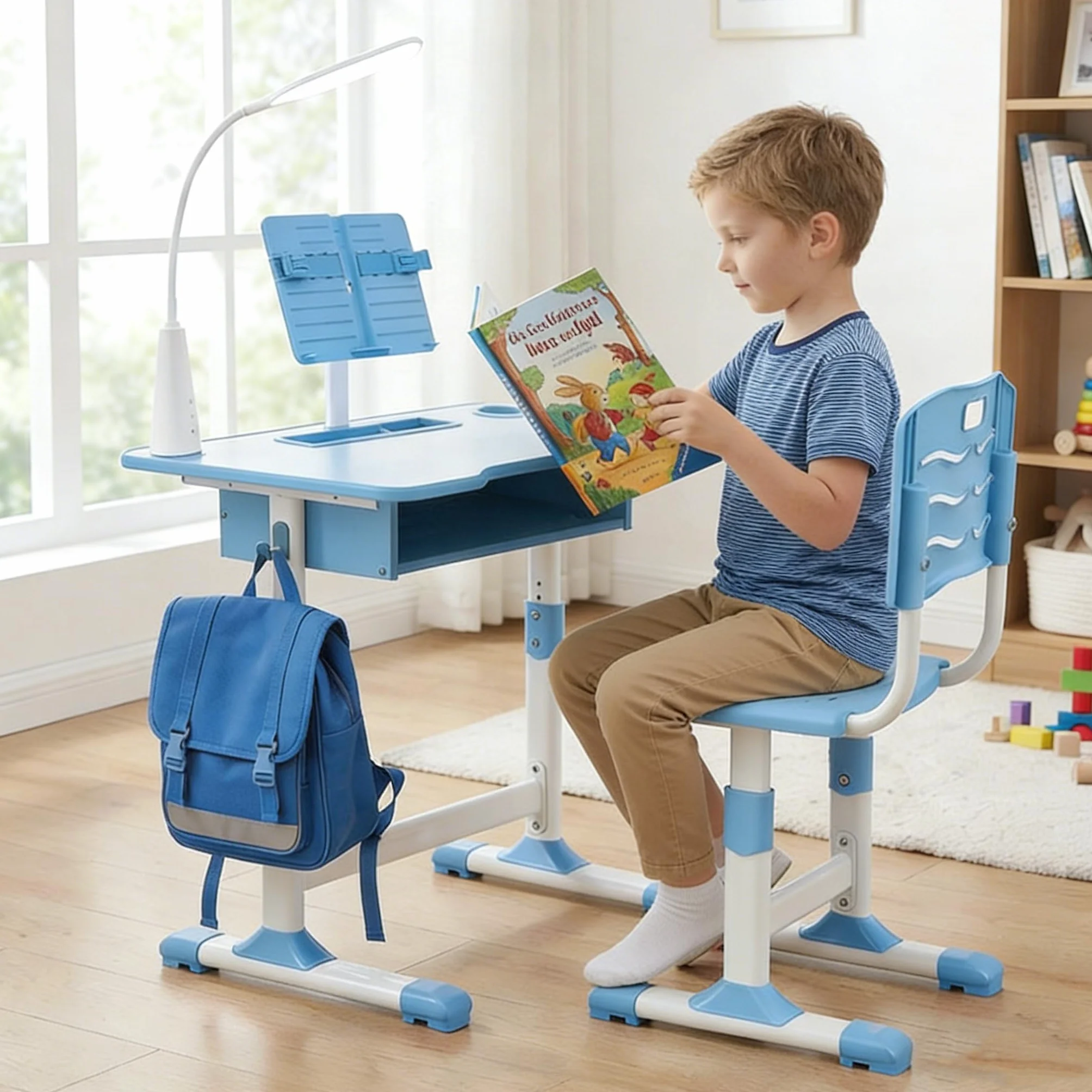 Mesa y Silla Infantil Regulables en Altura, Escritorio con Cajón, Lámpara LED, Silla Ergonómica, para Estudio desde 6 años