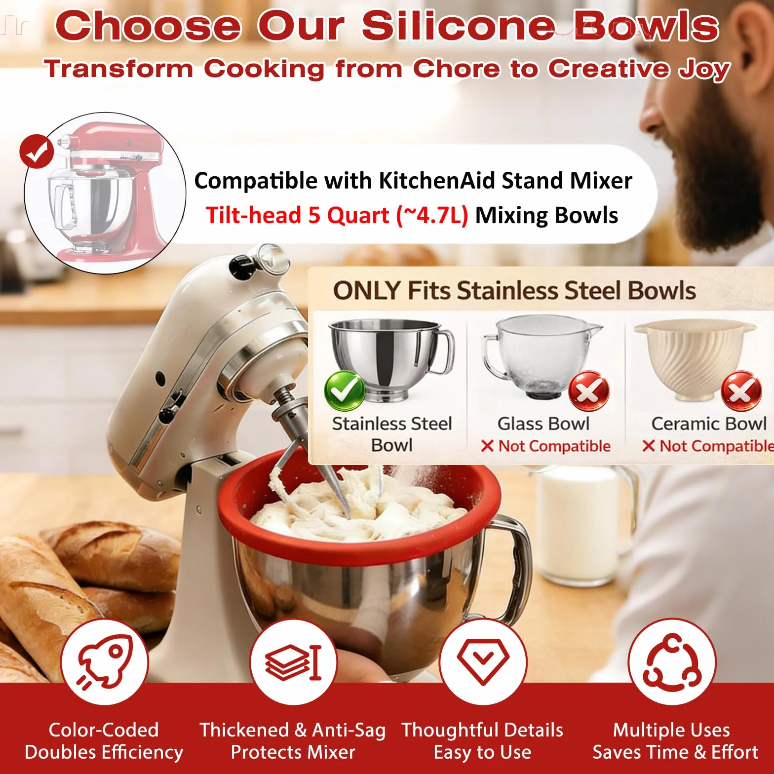 3 Forros de Silicona para Batidora, Compatibles con Kitchenaid Accesorios, Bol de 5 Qt con Tapa, Insertos de Silicona para Batidora, Antidesplome Reforzado, Apilables, para Hornear/Cocinar