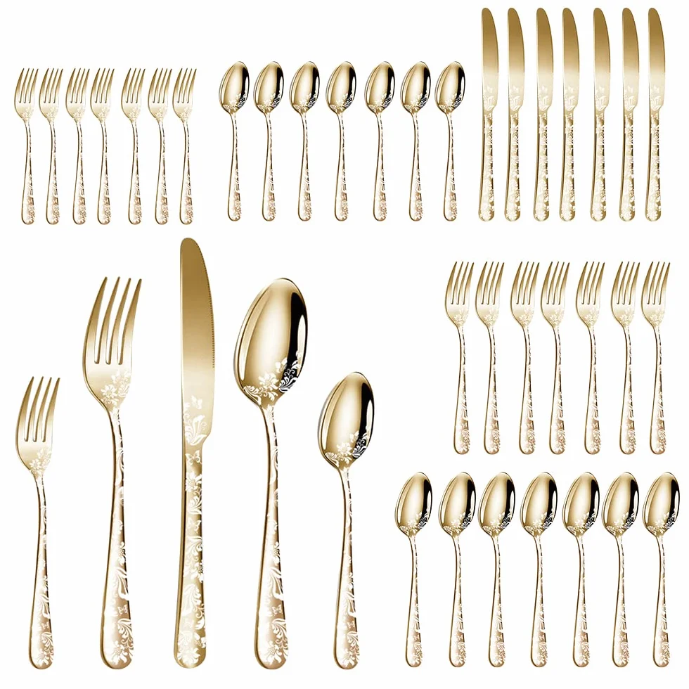 Fdit Juego de Cubiertos de 40 Piezas, Cubiertos de Acero Inoxidable con Hermoso Patrón para Uso Diario, Fiestas, Ligeros (Gold)