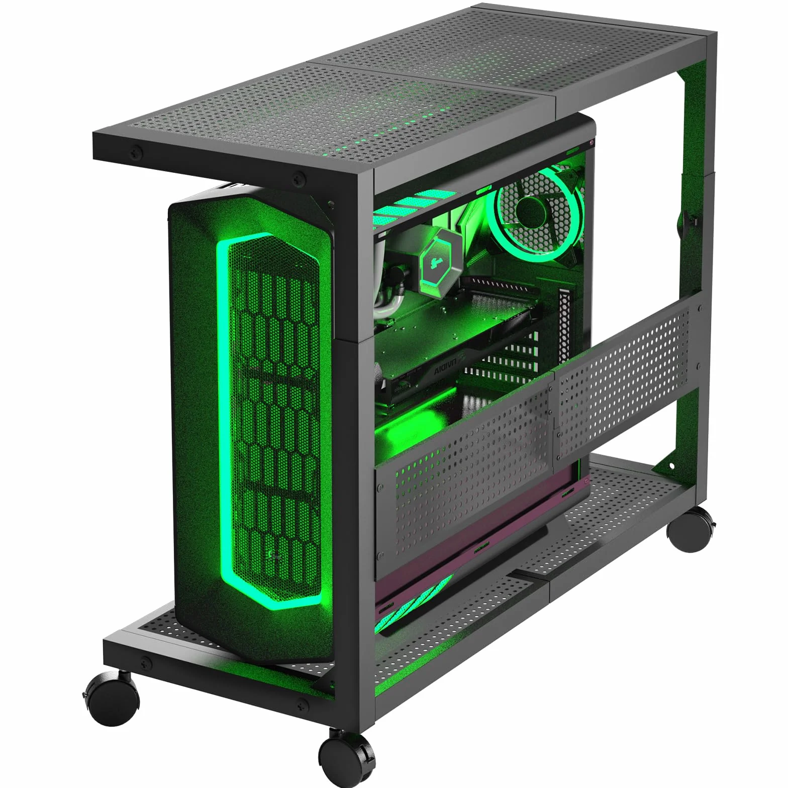 Moricher - Soporte para torre de computadora - Altura ajustable de 2 niveles ATX-Case, soporte para PC, estante para impresora, tablero de clavijas con ruedas giratorias y alfombrilla de ratón para