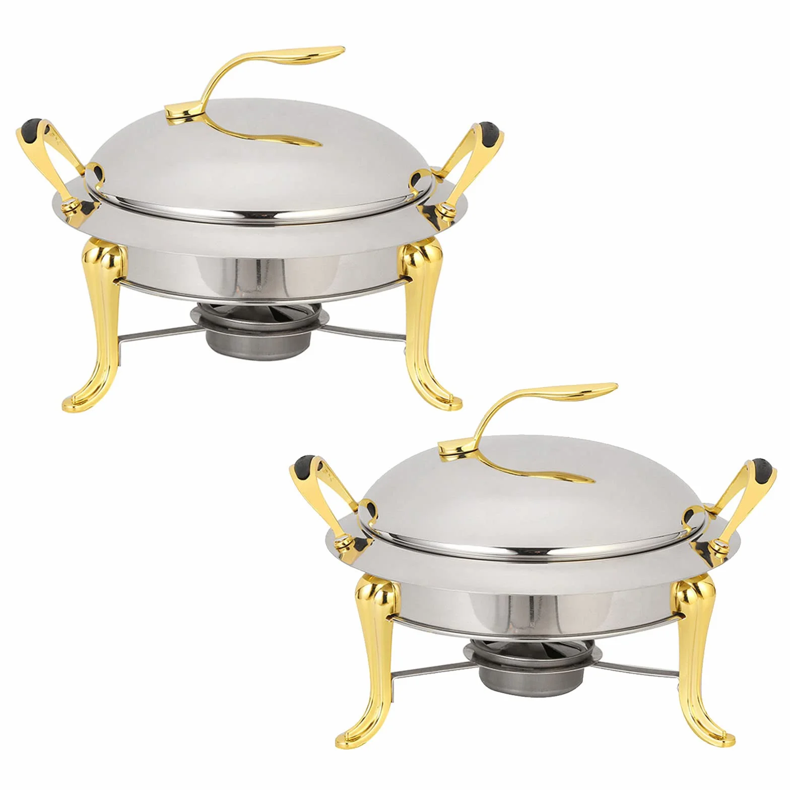 Juego de 3 platos redondos de acero inoxidable dorado de tamaño completo, calentador de alimentos con tapas y soportes de combustible, vajilla elegante para eventos