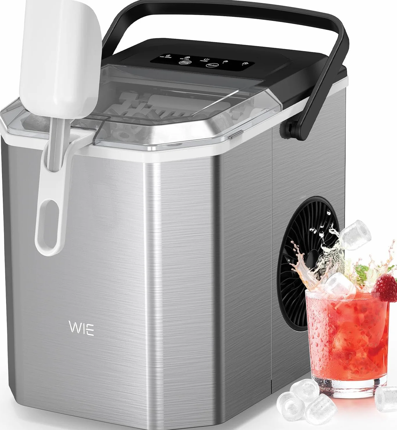 WIE Máquina de Hielo, 1.5L Autolimpiable Máquina para Hacer Hielo, 2 Tamaños de Hielo, 9 Cubitos Listos en 6 Minutos, con Asa, pala y Cesta para Hielo, Ideal para Cocina/Oficina/Bar, Acero Inoxidable