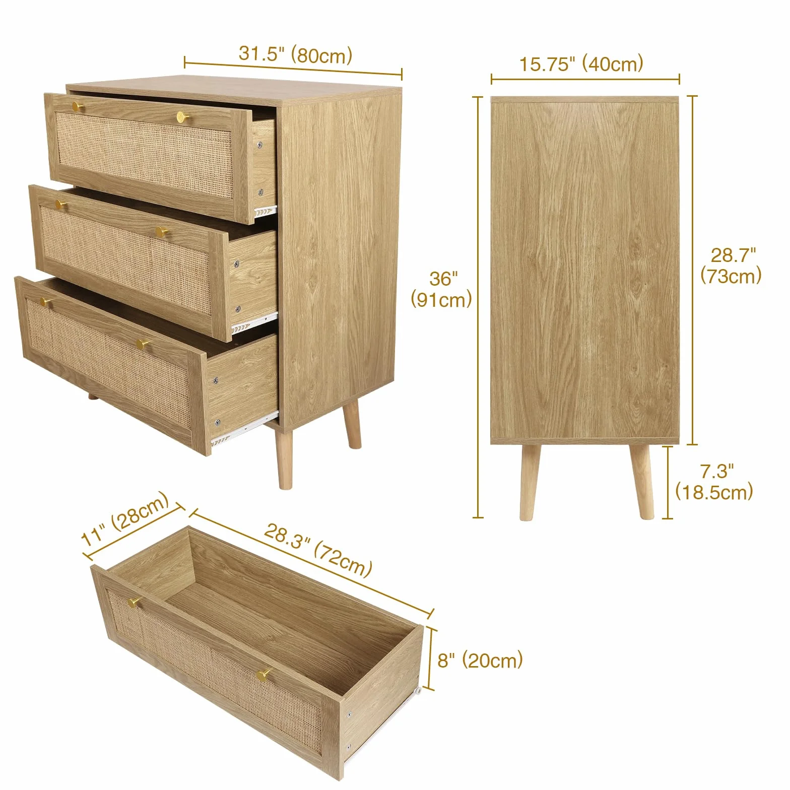 Cómoda con 3 Cajones Cómoda Dormitorio Estrecha con Frontales de Ratán y Patas Elevadas Cajonera para Salón Oficina 80x40x92cm Natural